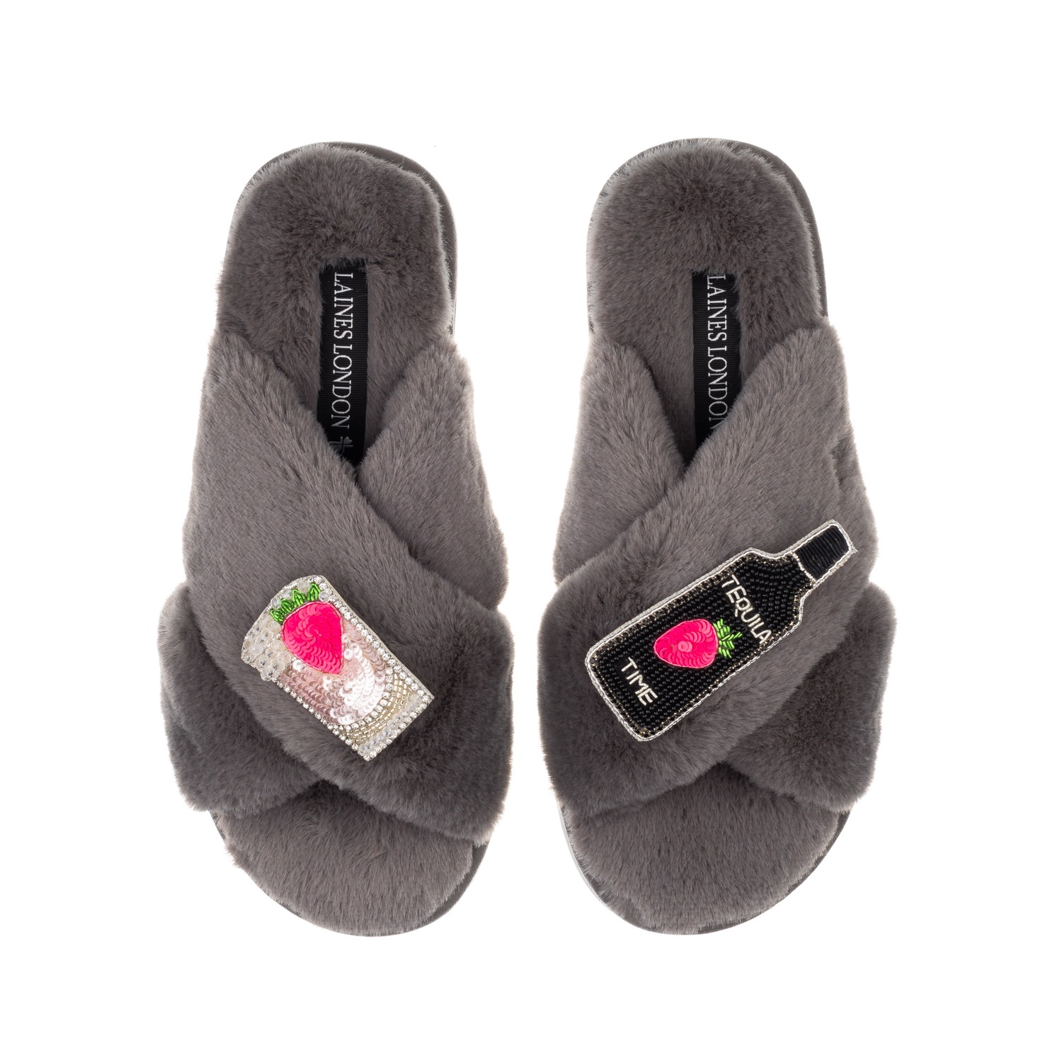 Women’s Classic Laines Slippers With Tequila Strawberry Brooches - Grey Large Laines London