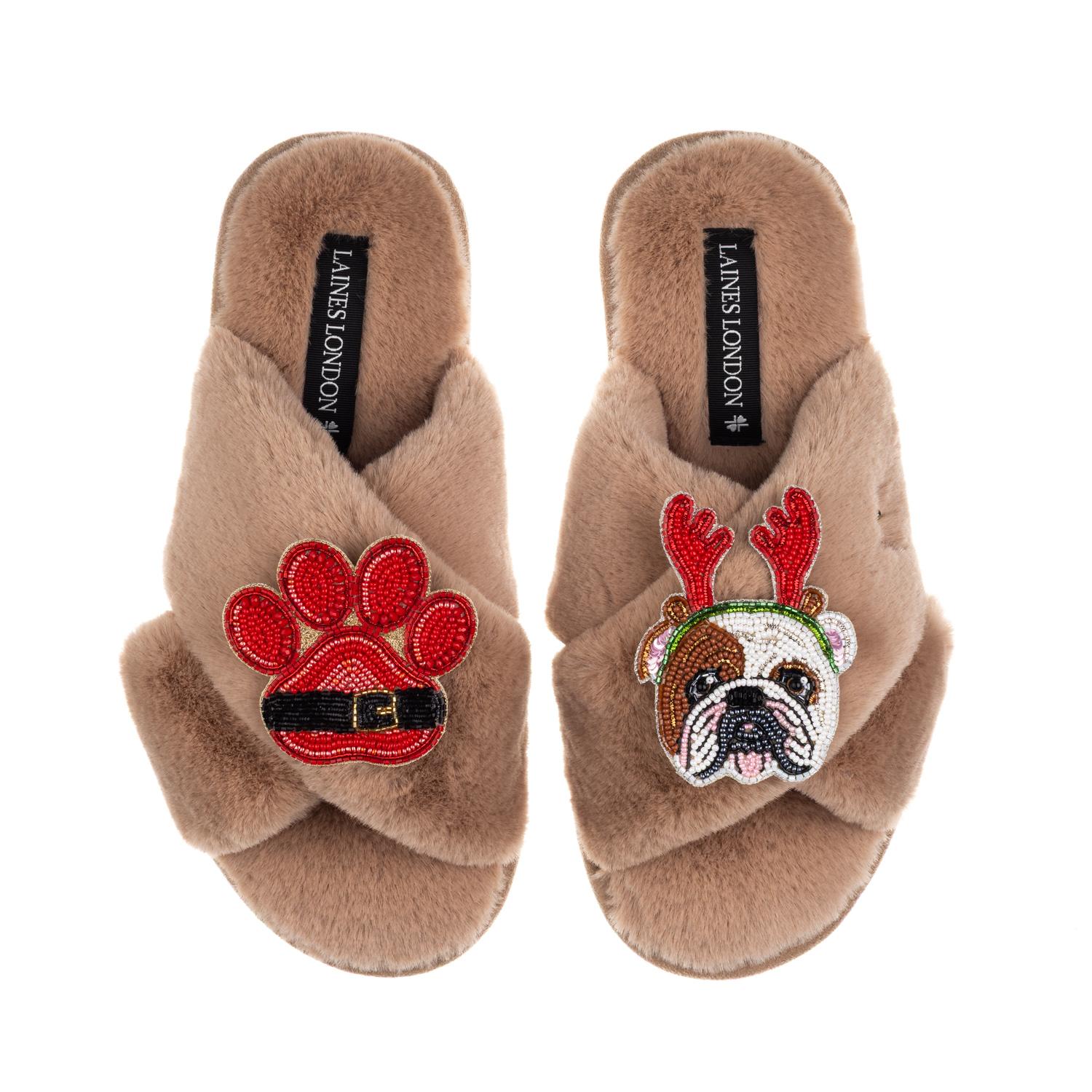 Laines London Women's Brown / Neutrals Classic Slippers With Christmas British Bulldog & Paw Brooches - Toffee In Brown