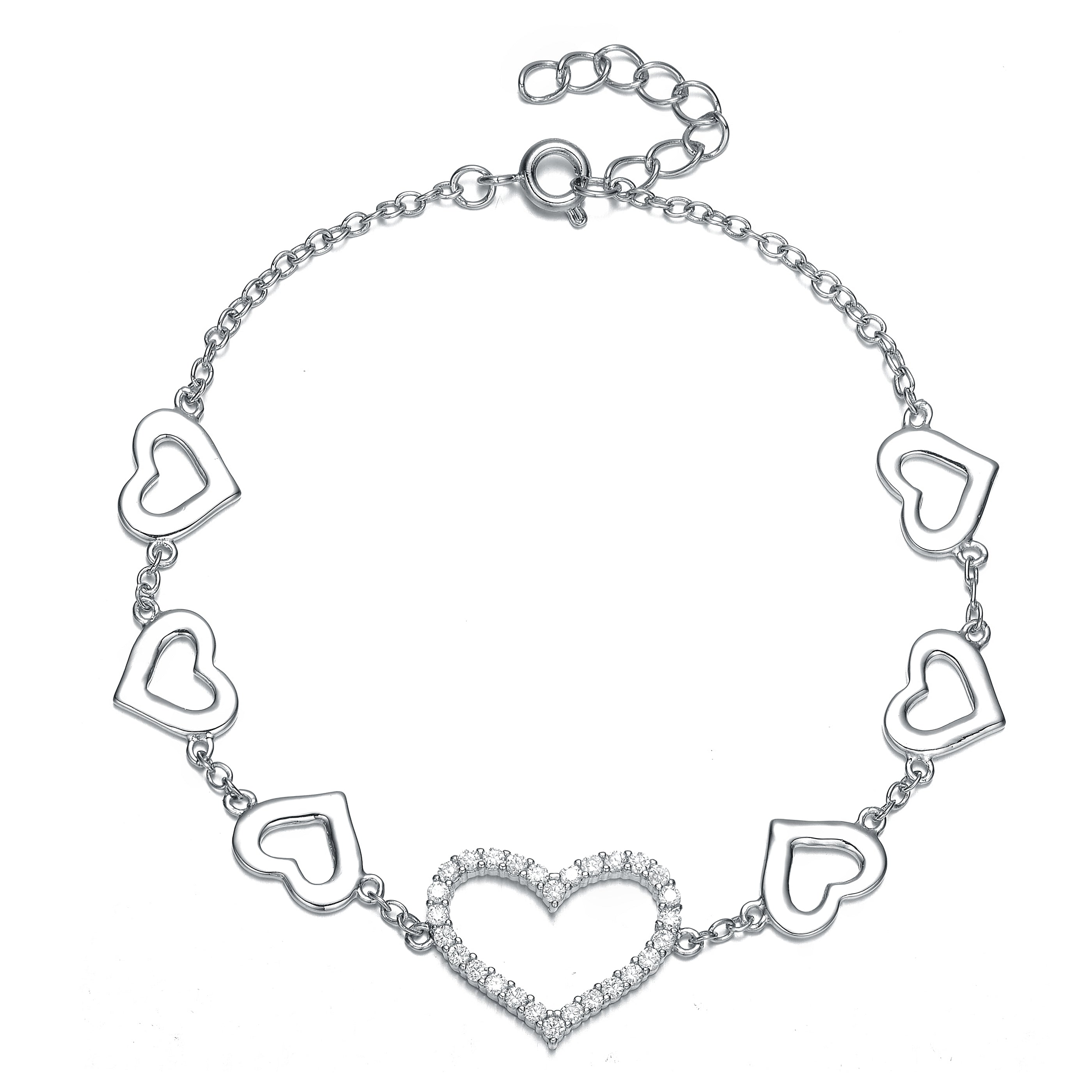 Women’s White Gold Plated With Diamond Cubic Zirconia Heart Halo Charm Bracelet In Sterling Silver Genevive Jewelry