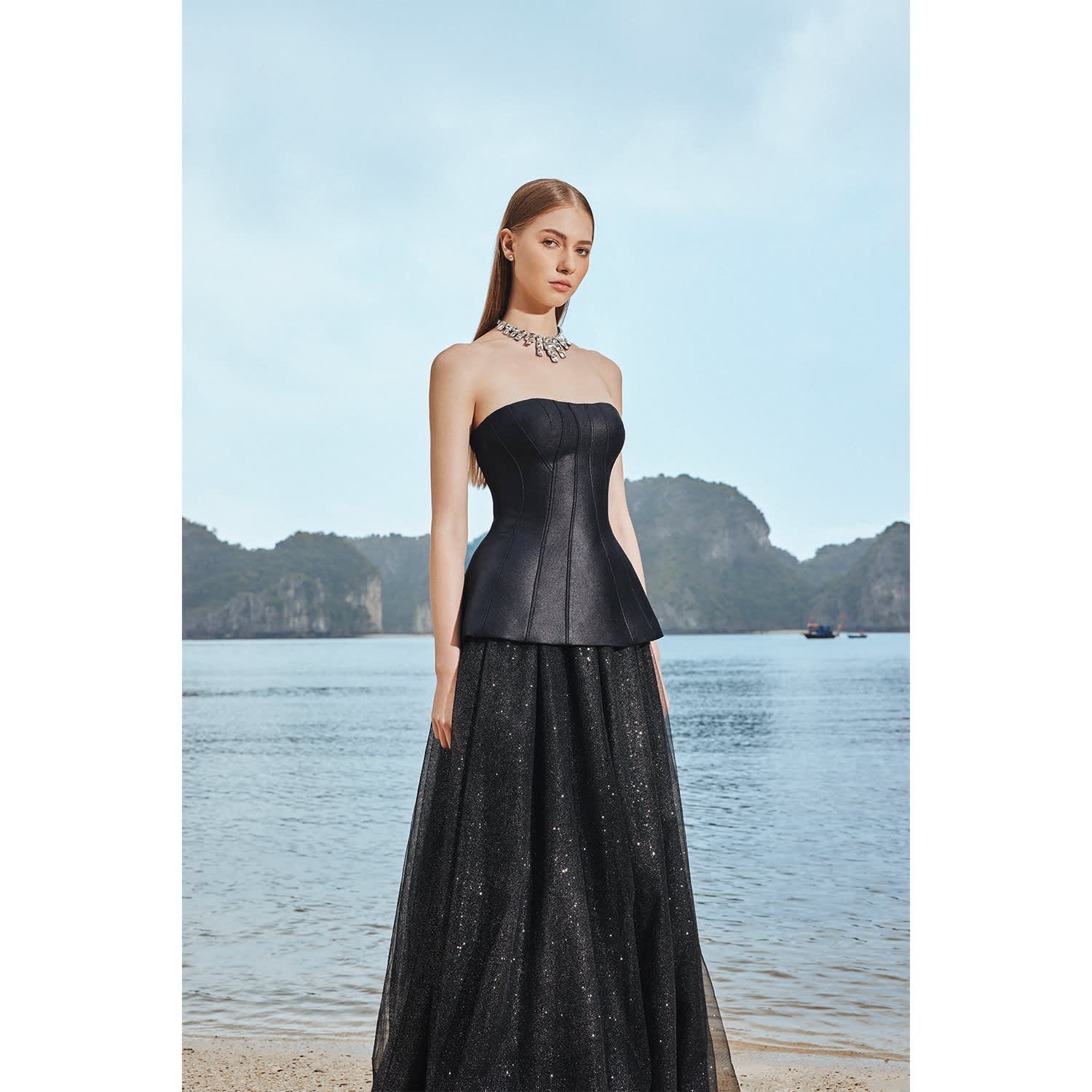 Long Sleeve Trapezoid Neckline Blazer & Flowing Skirt | TRACY