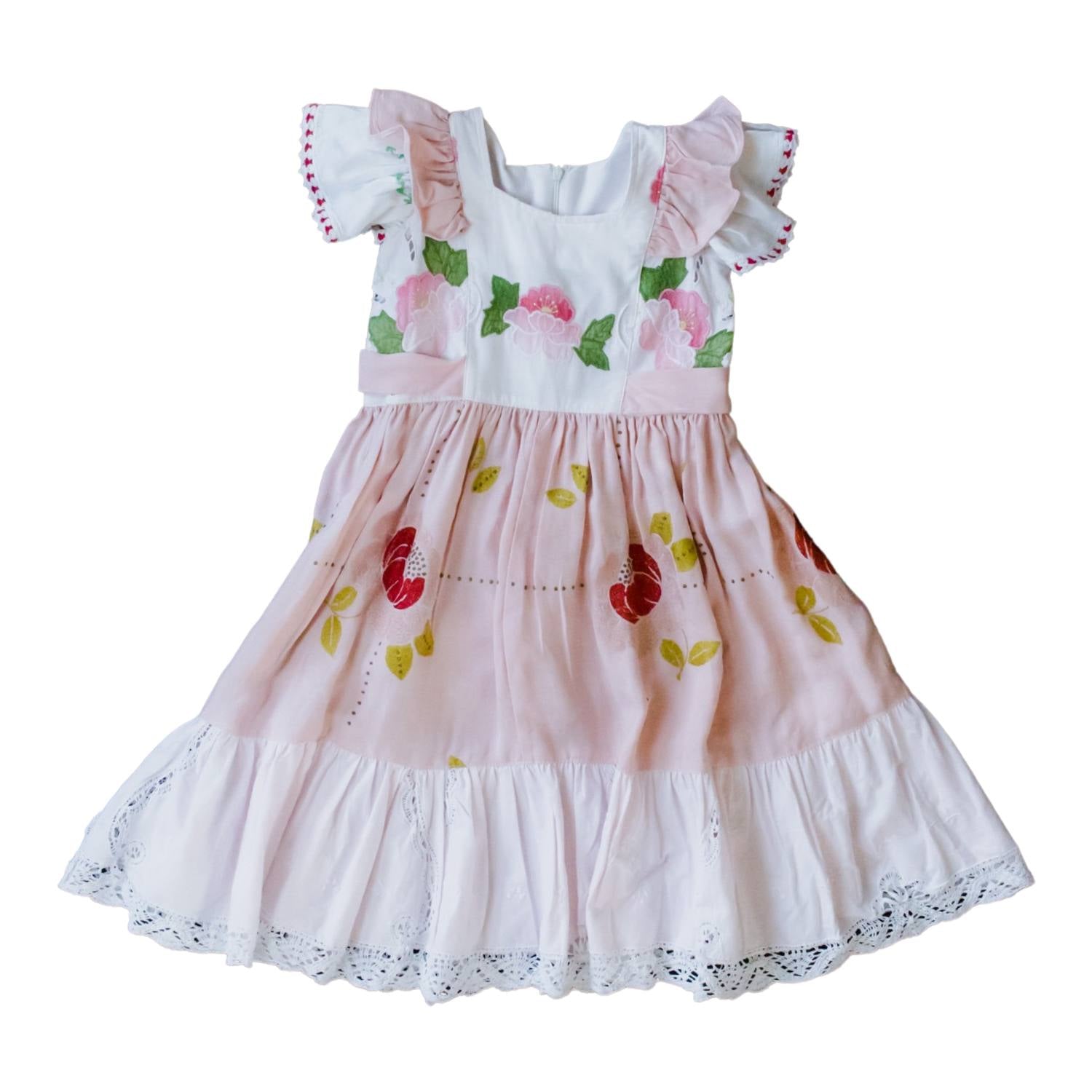 Women’s Girl’s Floral Embroidered Dress With Lace Border S/M Sugar Cream Vintage