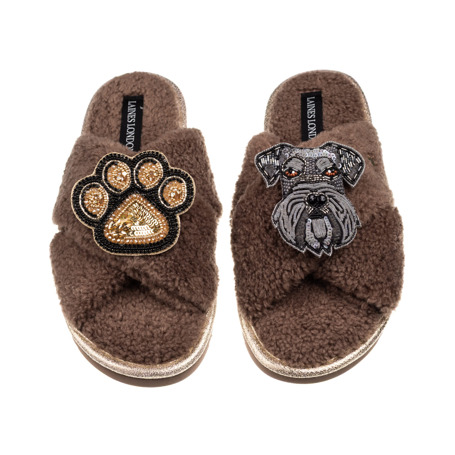 Laines London Women's Brown / Neutrals Laines Neutral Boucle Slippers With Ernie The Schnauzer & Paw Brooches - Mi