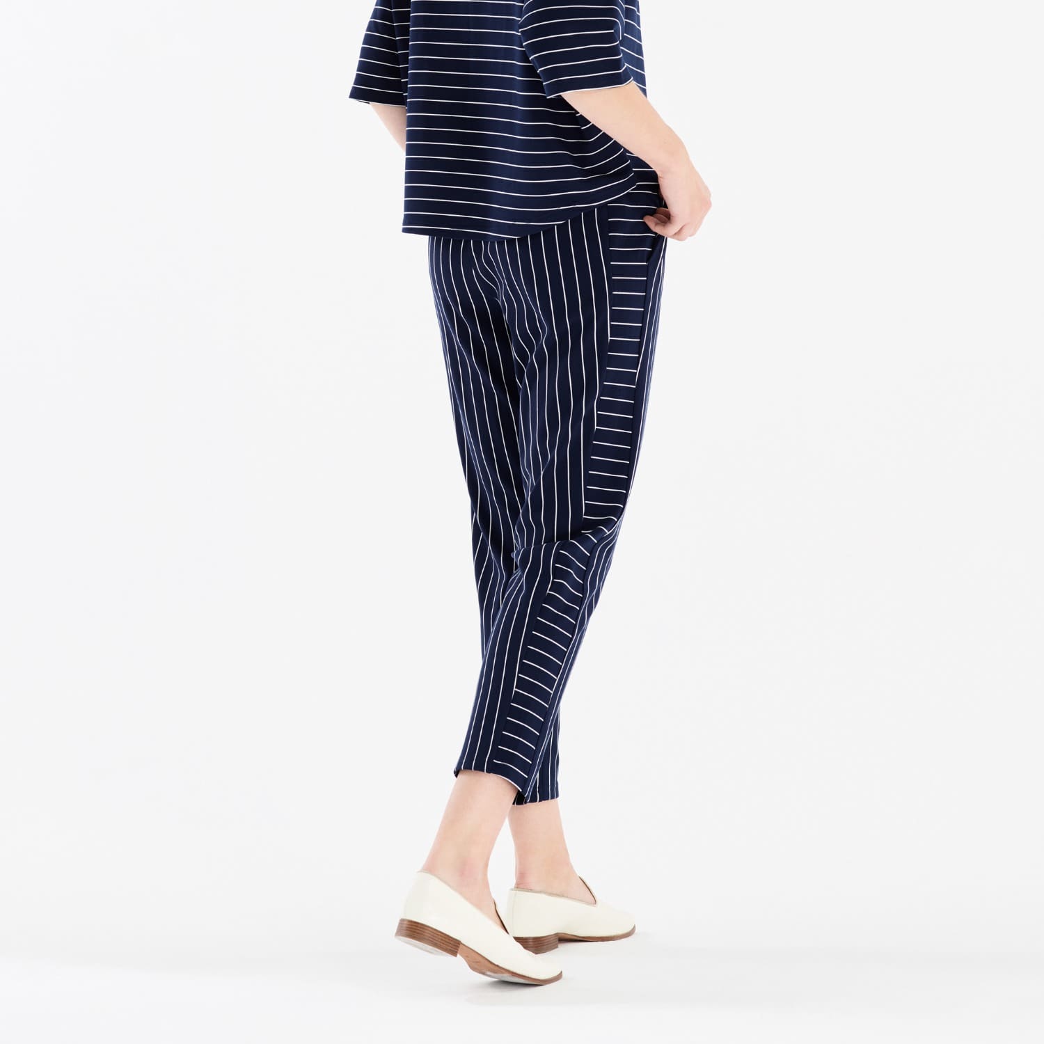 navy white stripe trousers