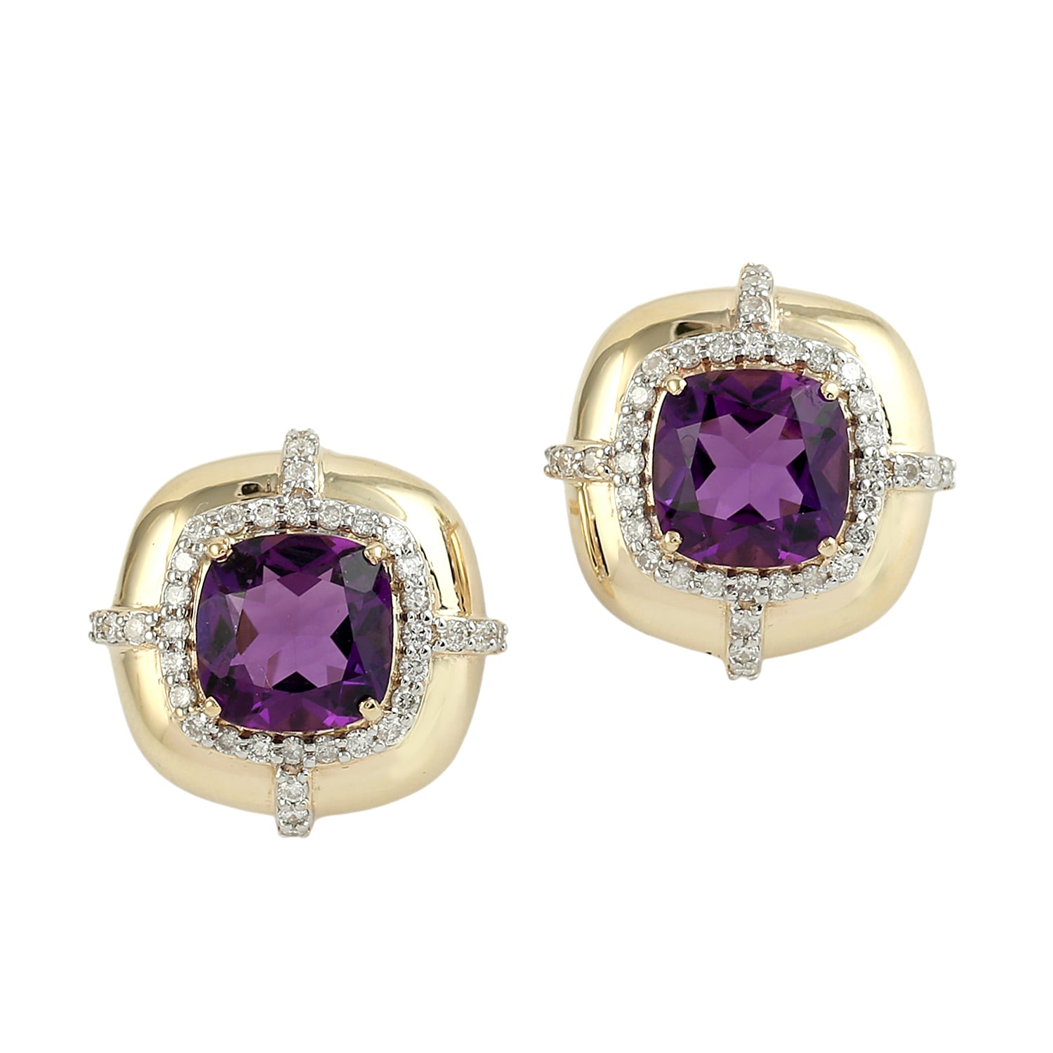 Artisan Women's Gold / Purple / White 14k Yellow Gold Cushion Amethyst & Diamond Stud Earrings In Gold