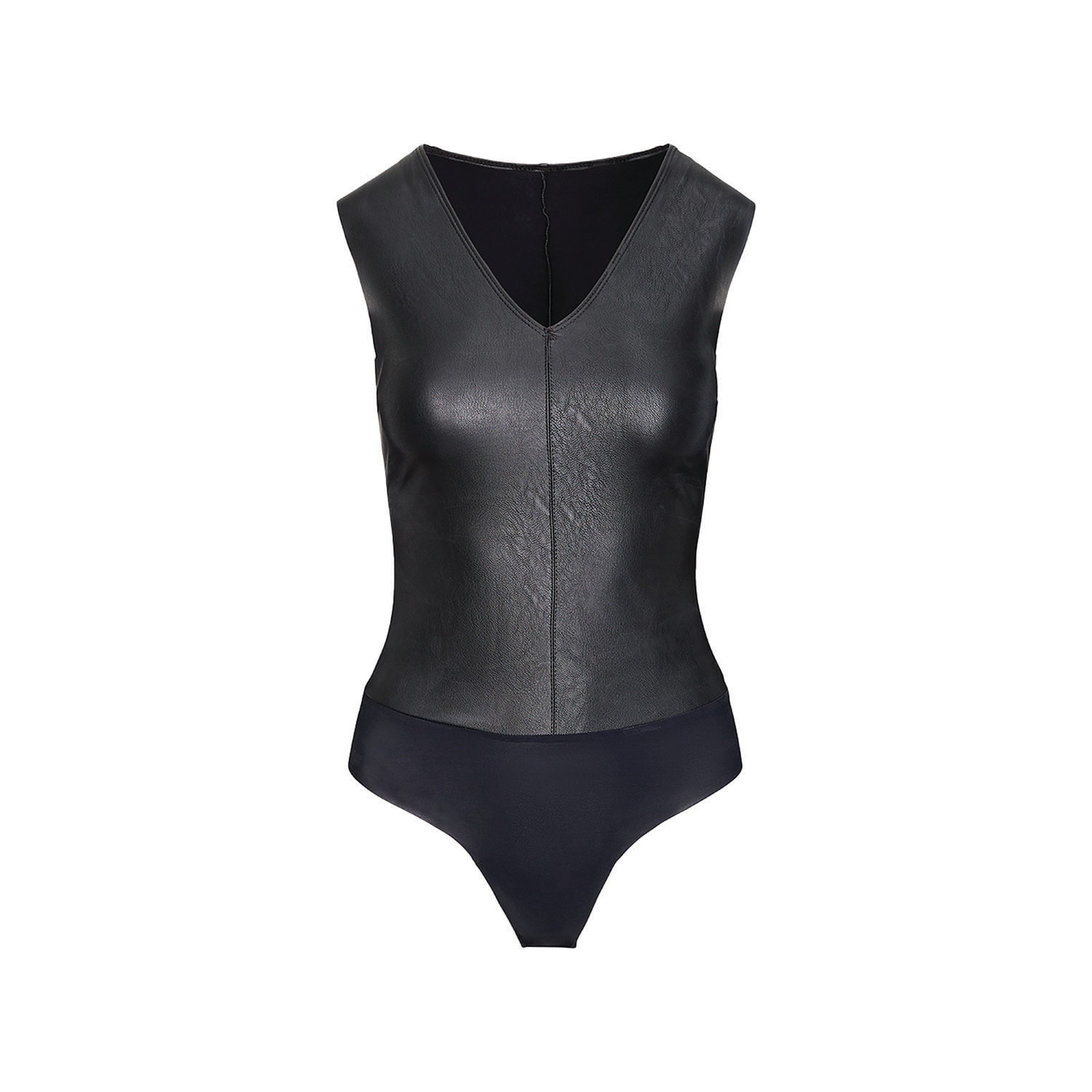 Women’s Commando Faux Leather V-Neck Bodysuit, Black Xl