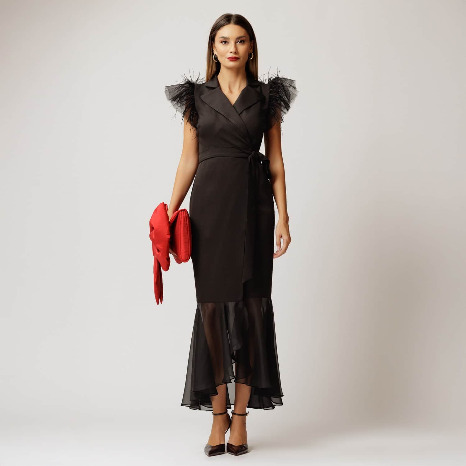 Long Black Blazer Wrap Dress With Tulle And Soft Veil | concept A