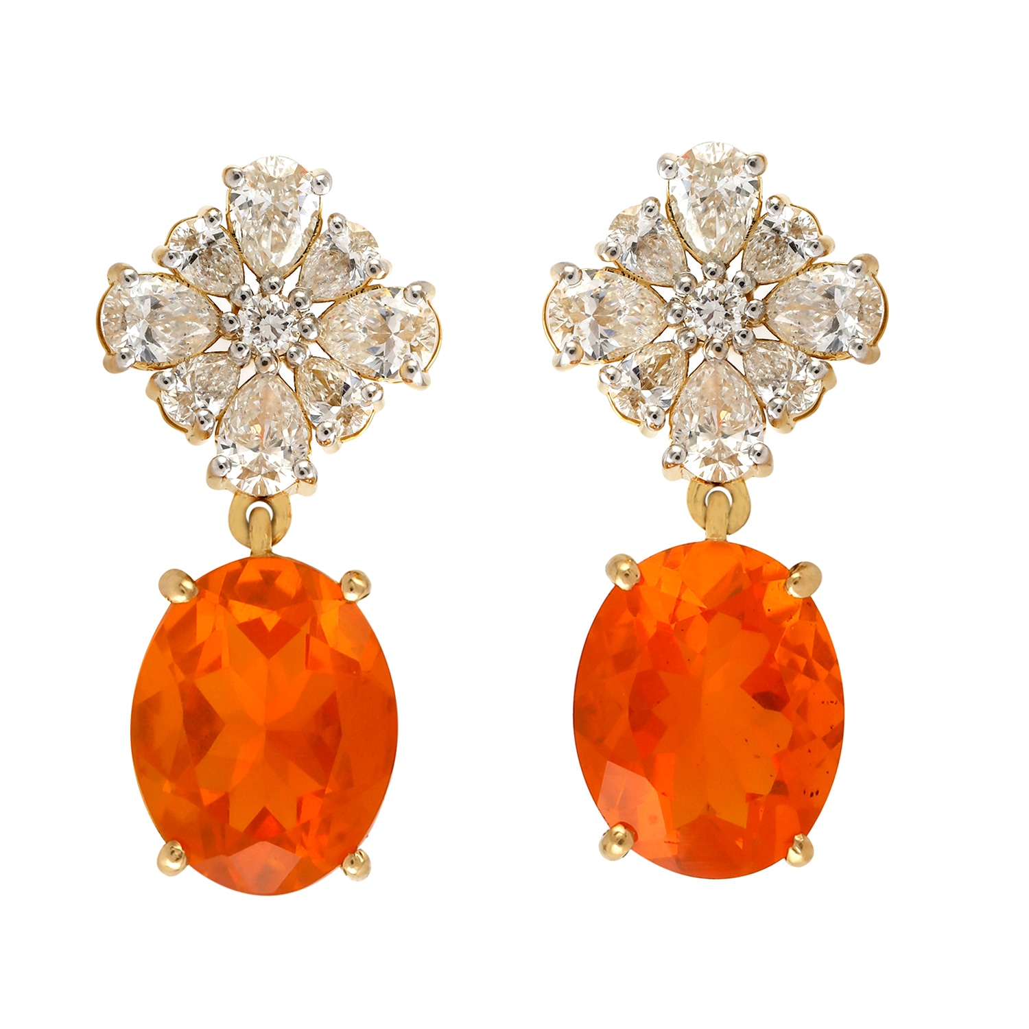 Artisan Women's Yellow / Orange / White Natural Fire Opal Genuine Diamond 18k Gold Designer Dangle Earrings