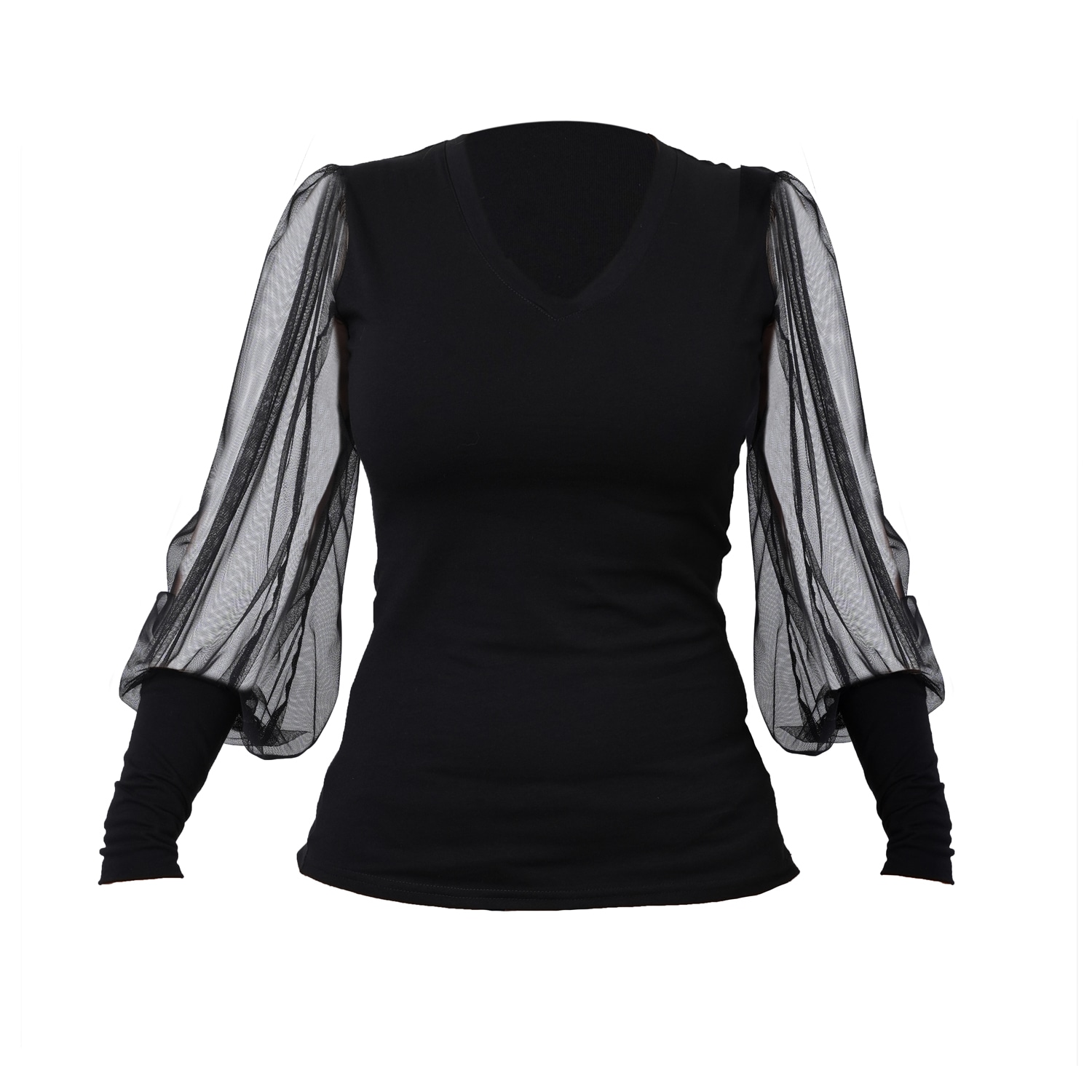 Women’s V-Neck Casual Top With Tulle Sleeves In Black XXXL Metamorphoza