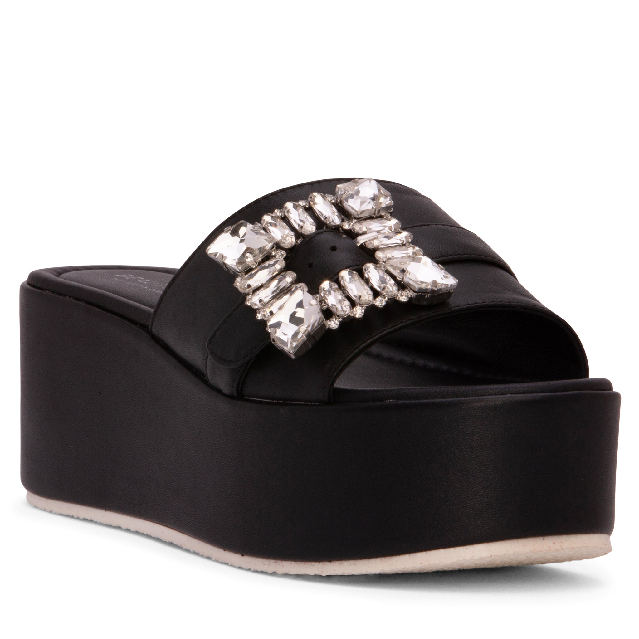 Beautiisoles By Robyn Shreiber Made In Italy Women's Dita Black Leather Comfortable Wedge Sandal Espadrille Slide With Jewelry For Elegant Work & In Black