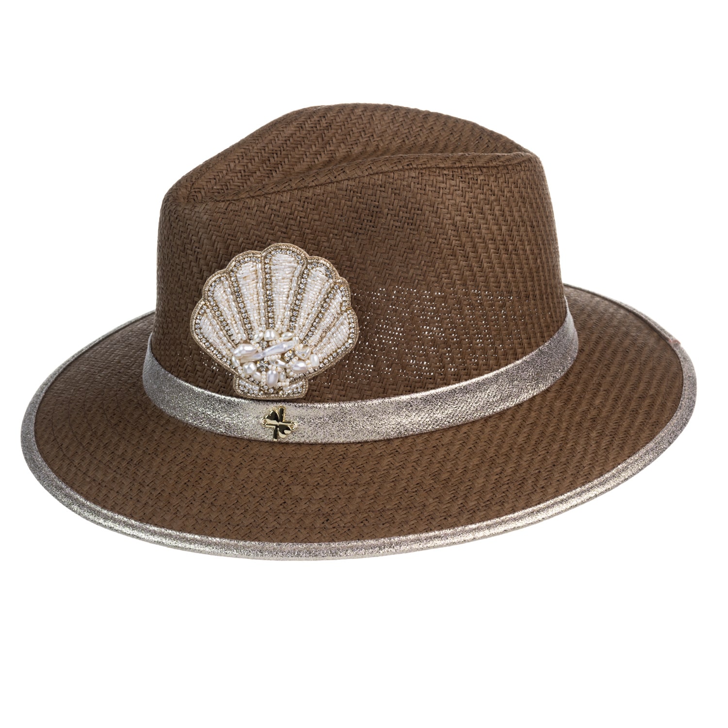 Women’s Brown Straw Woven Hat With Pearl Beaded Shell - Caramel One Size Laines London