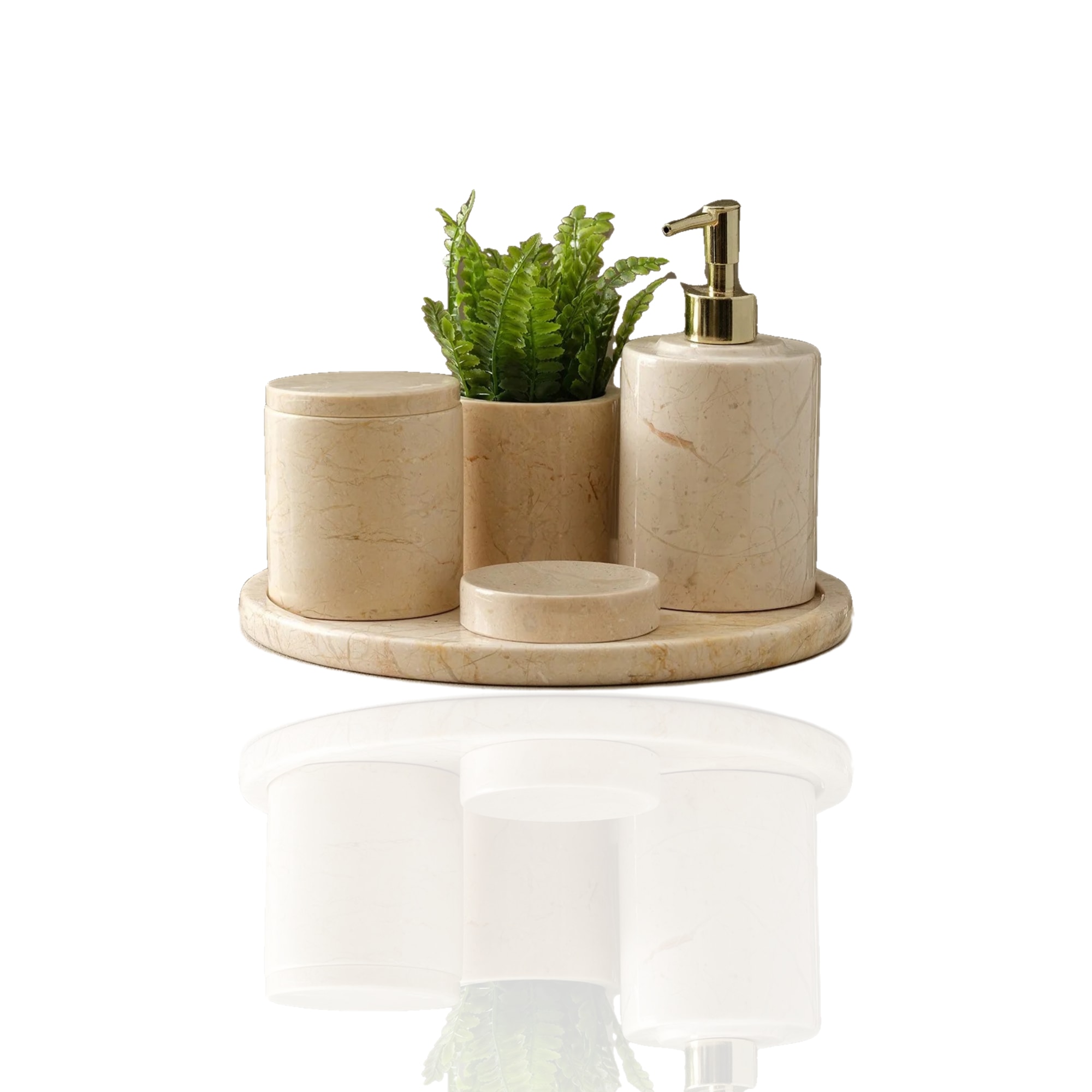 Marleth Neutrals / White Beige Marble Complete Bathroom Set – Round Tray, Four-pieces