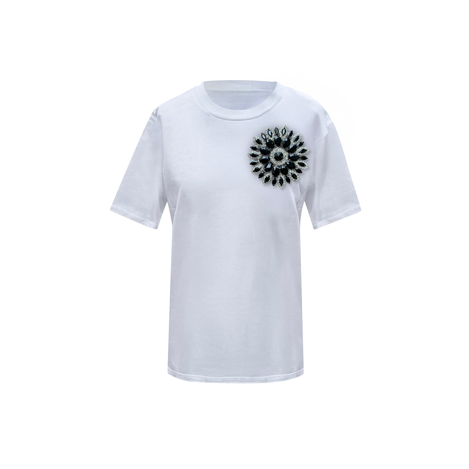 Toma Women's Black / White Flower Summer White Cotton T-shirt With Black Swarovski Crystals In Multi