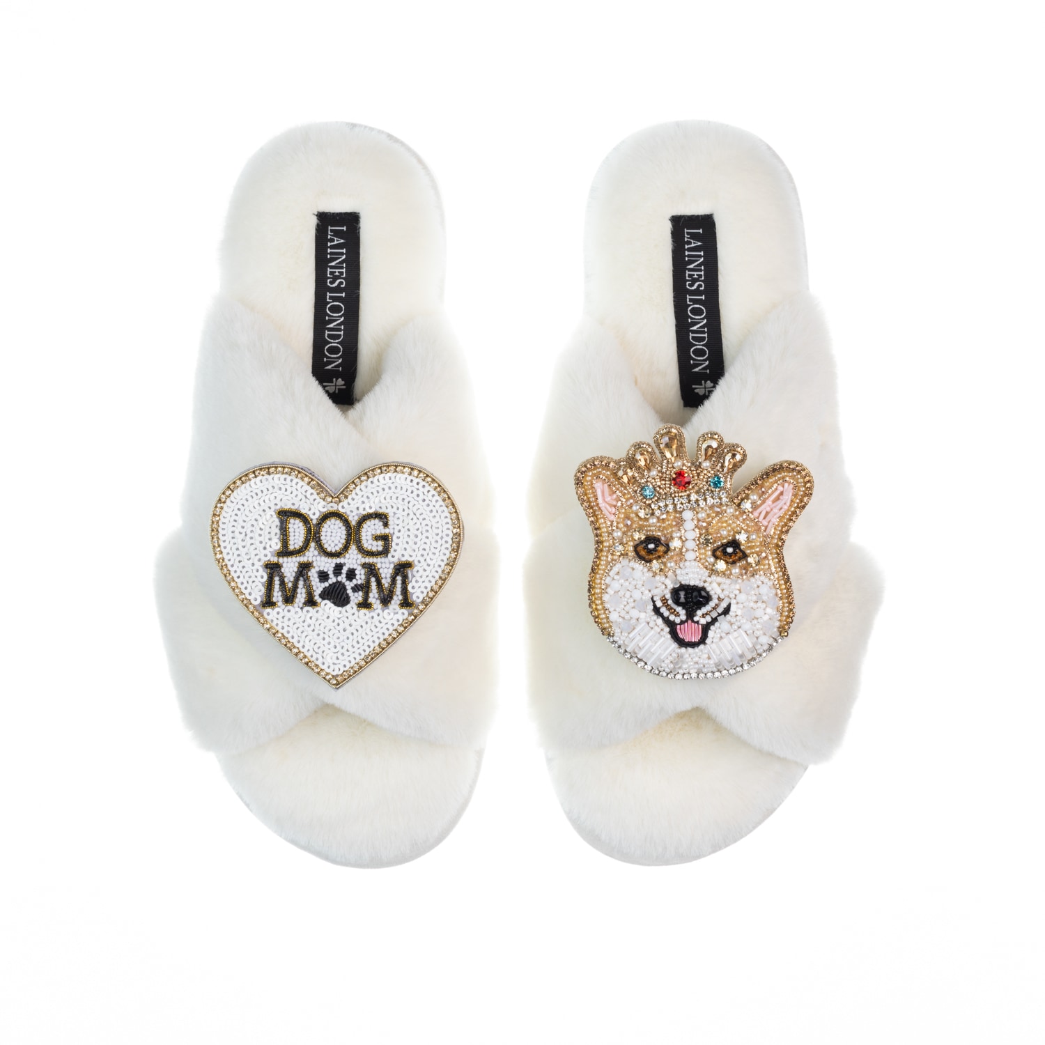 Women’s White Classic Laines Slippers With Royal Corgi & Dog Mum / Mom Brooches - Cream Small Laines London