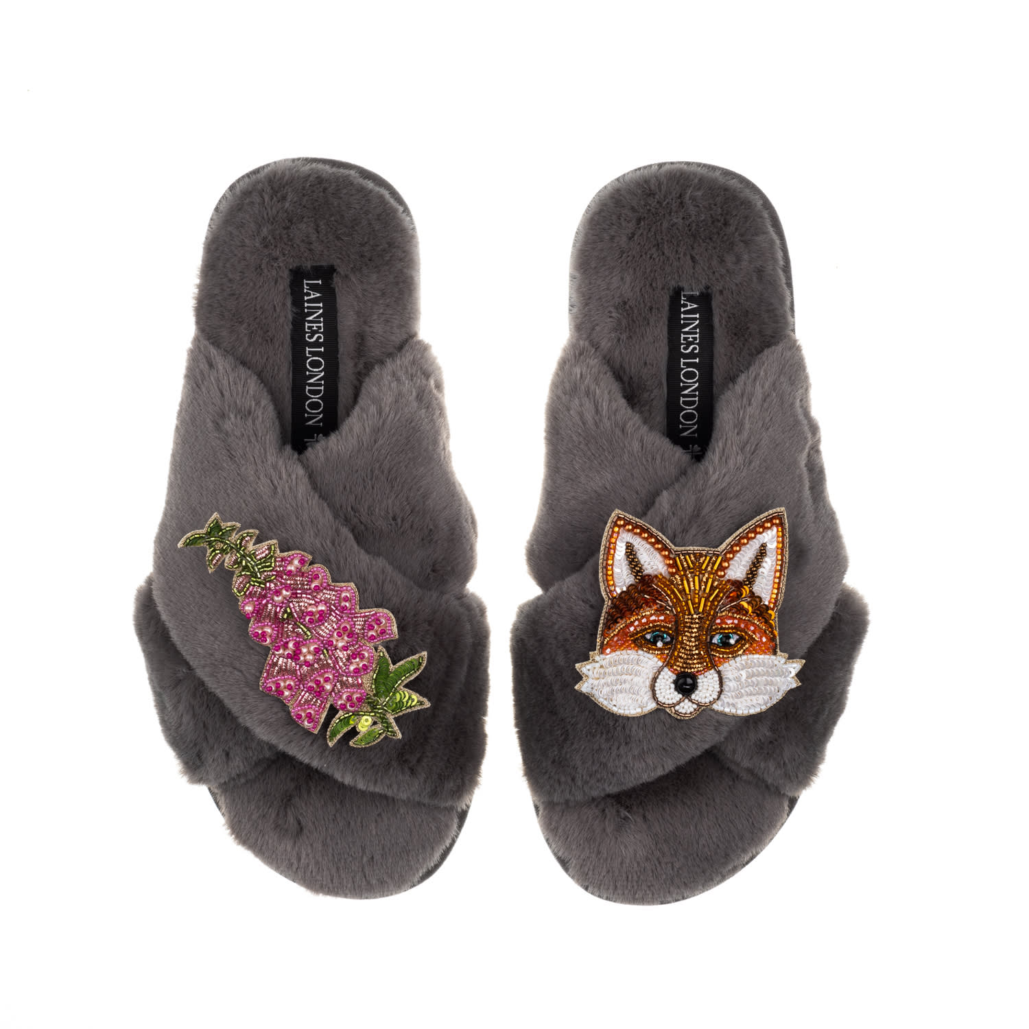 Laines London Women's Classic Laines Slippers With Pink Foxglove Flowers & Fox Brooches - Grey In Grey