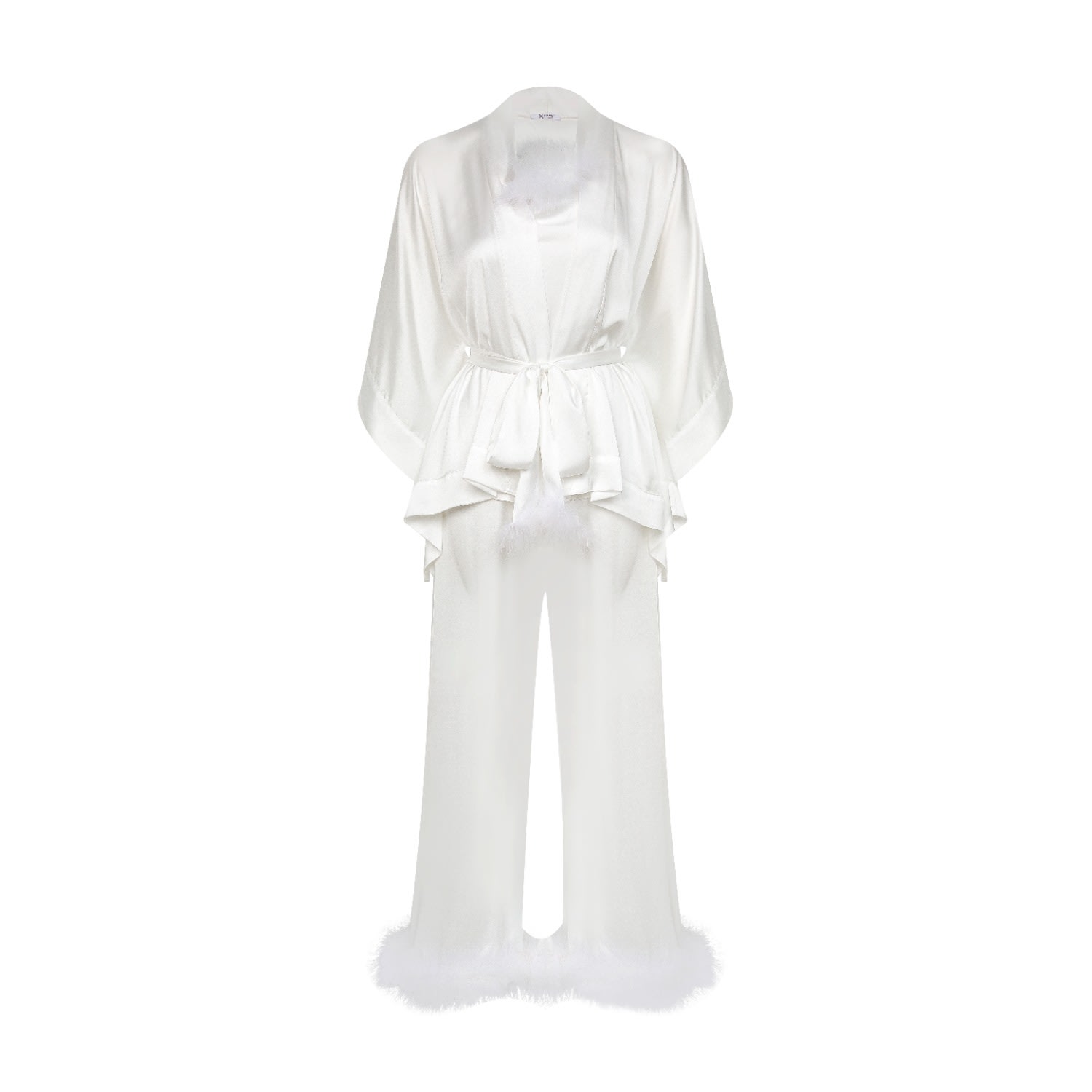X Intima Women's Neutrals White Satin Pyjama Set Feather Collar And Marabou Feather Detail In White