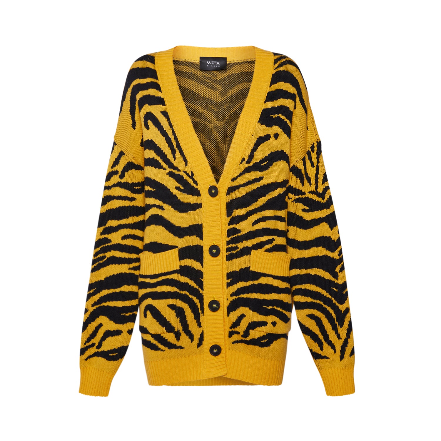 Georgia Yellow/Black Tiger-Jacquard Long Cardigan | Sveta Milano