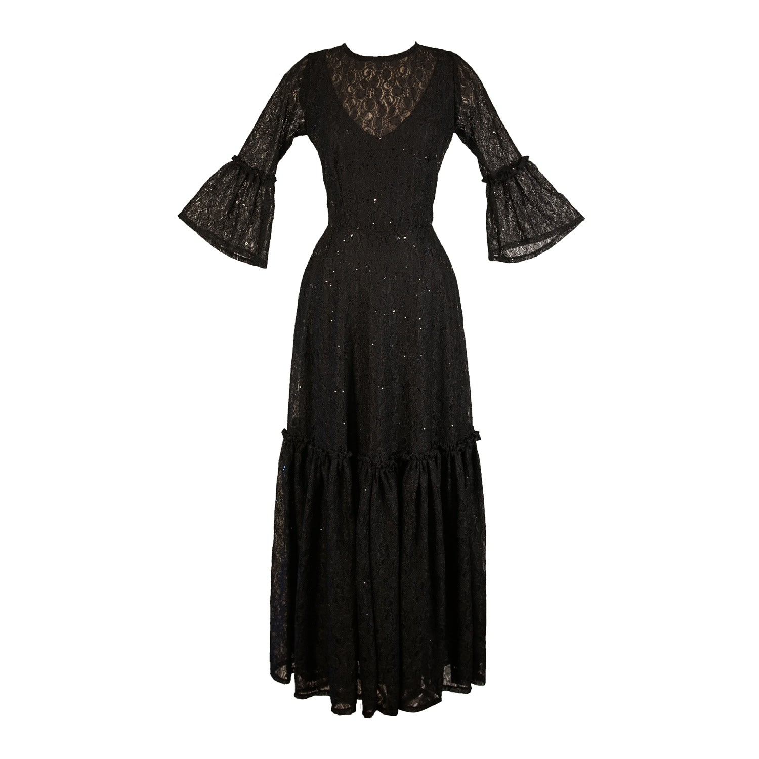 Women’s Black Sequin Lace Ruffle Dress Small Jennafer Grace