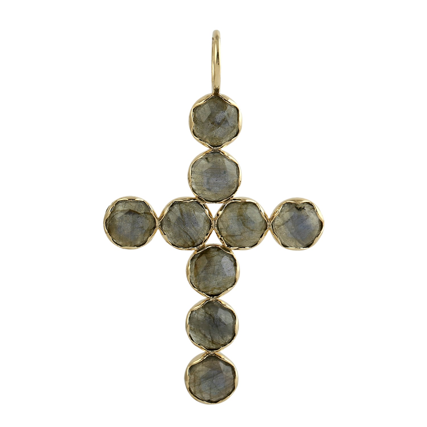 Women’s Labradorite Bezel Set Gemstone In 14K Yellow Gold Cross Religious Pendant Artisan