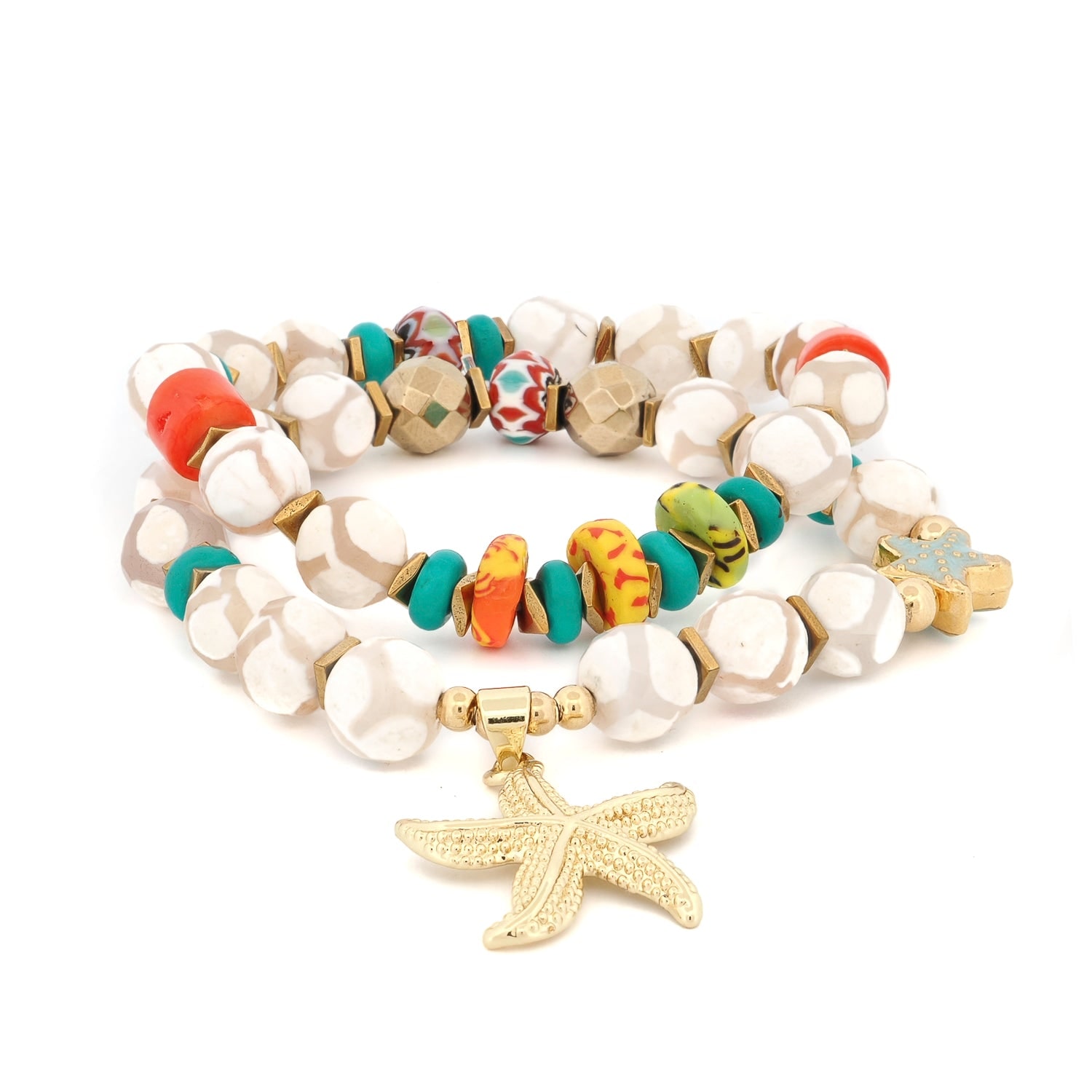 Women's Gold / Red / Blue Summer Beach Starfish White Agate Bracelet Set - Gold | Ebru Jewelry