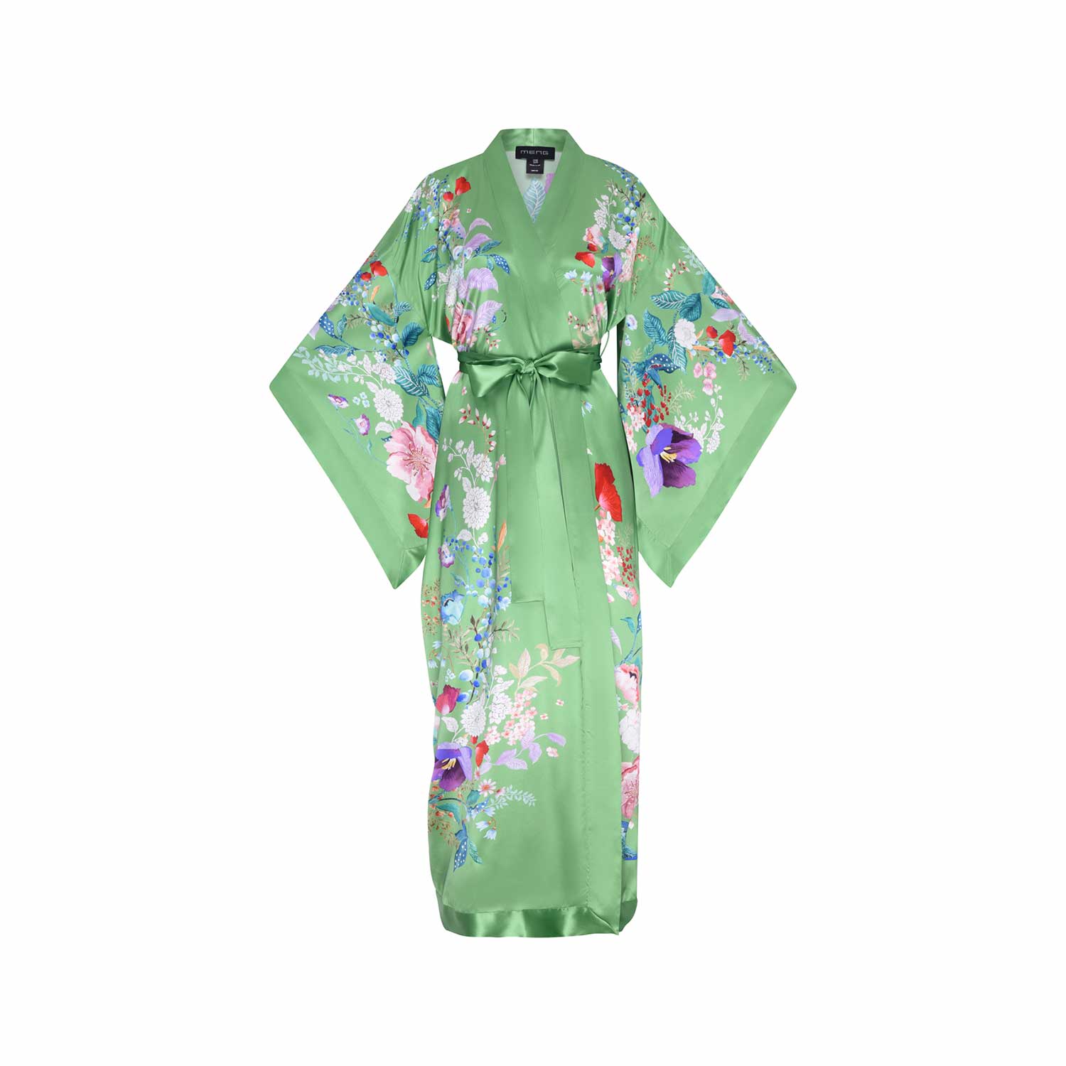 Meng Women's Paris Green Watercolour Flowers Silk Satin Kimono