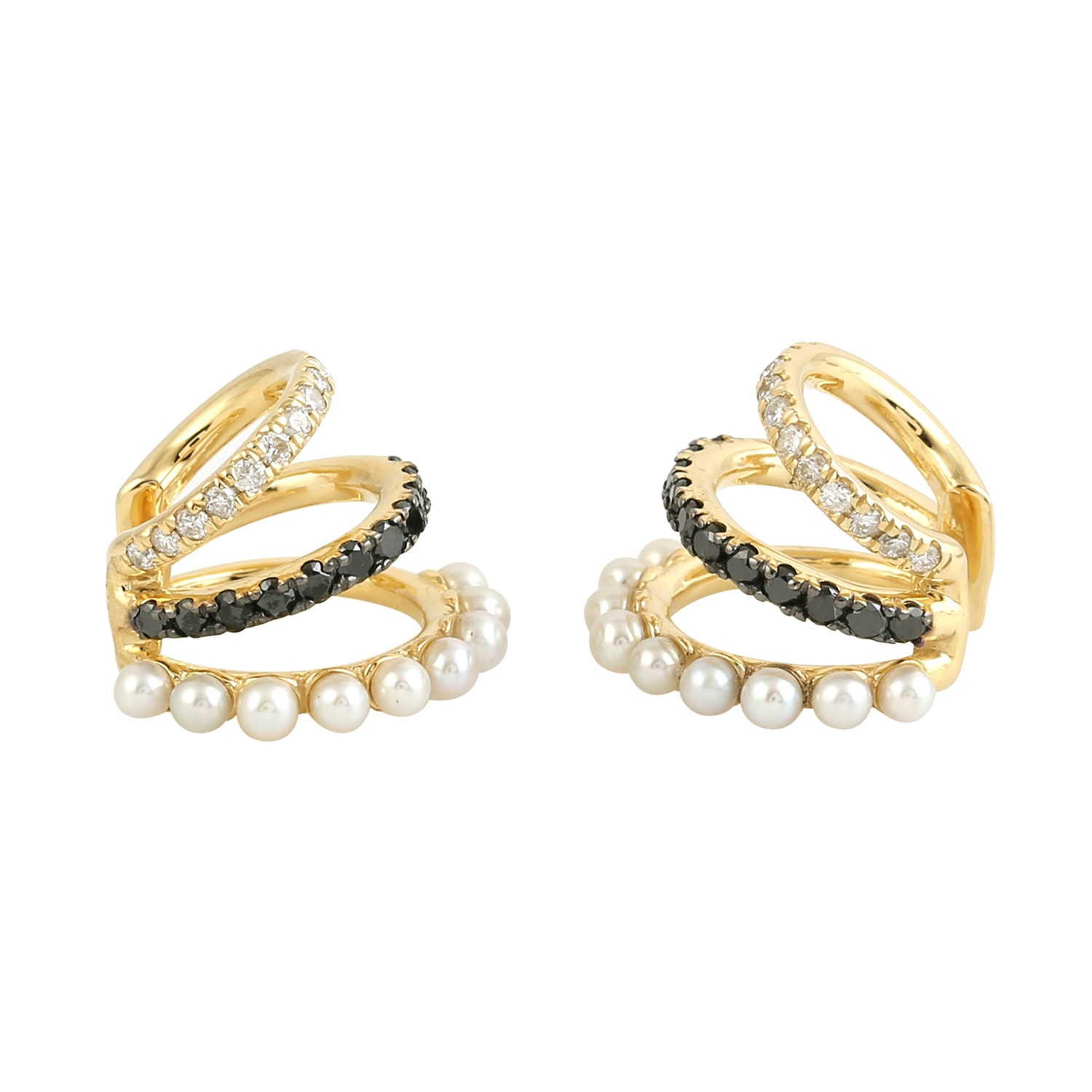 Artisan Women's Black / Gold 14k Gold White & Black Diamond Multilayer Pearl Cuff Earrings In Gold