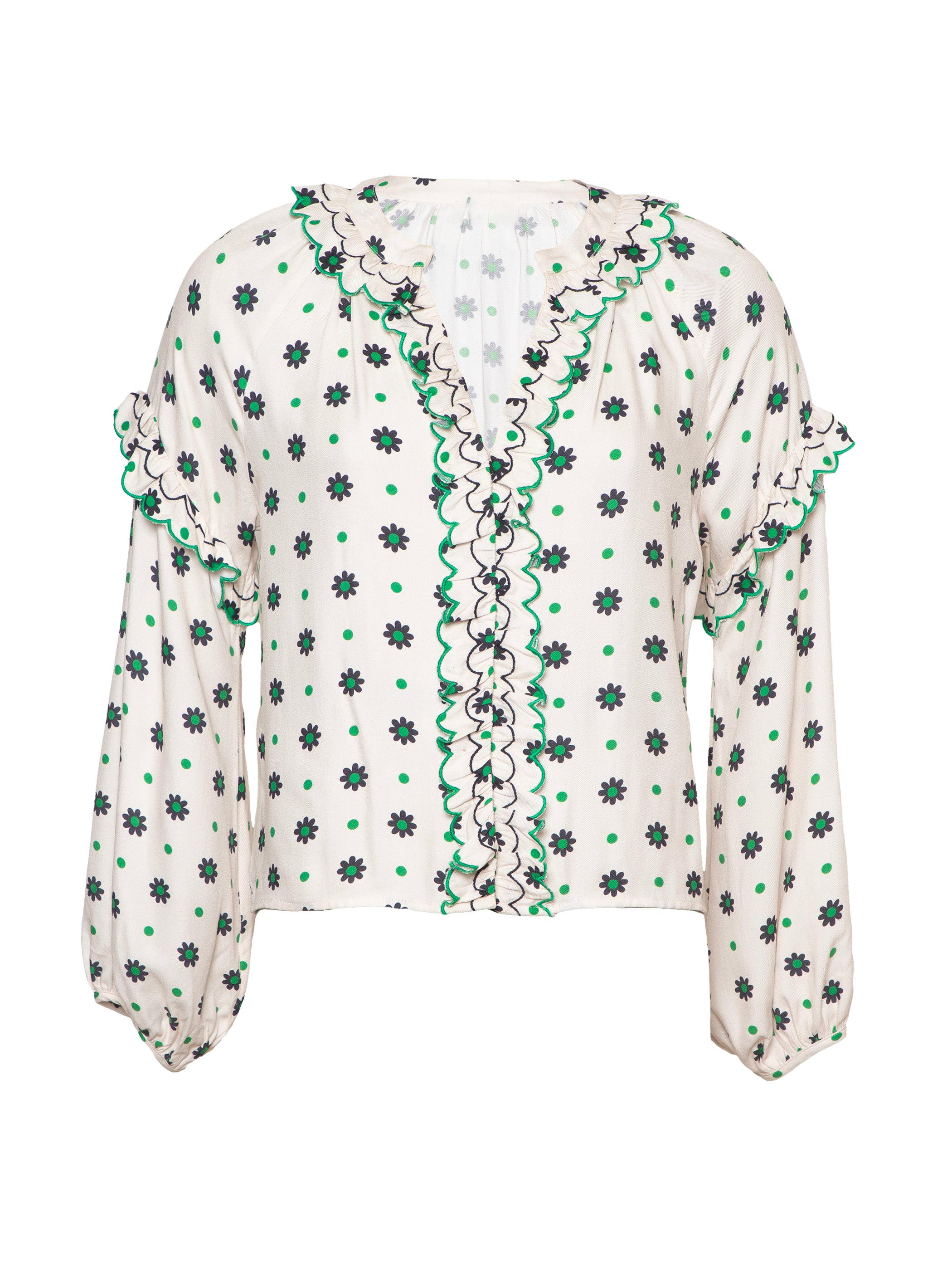 Rose & Nancy Women's White Joyce Cream Daisy Print Scallop Edge Blouse In White