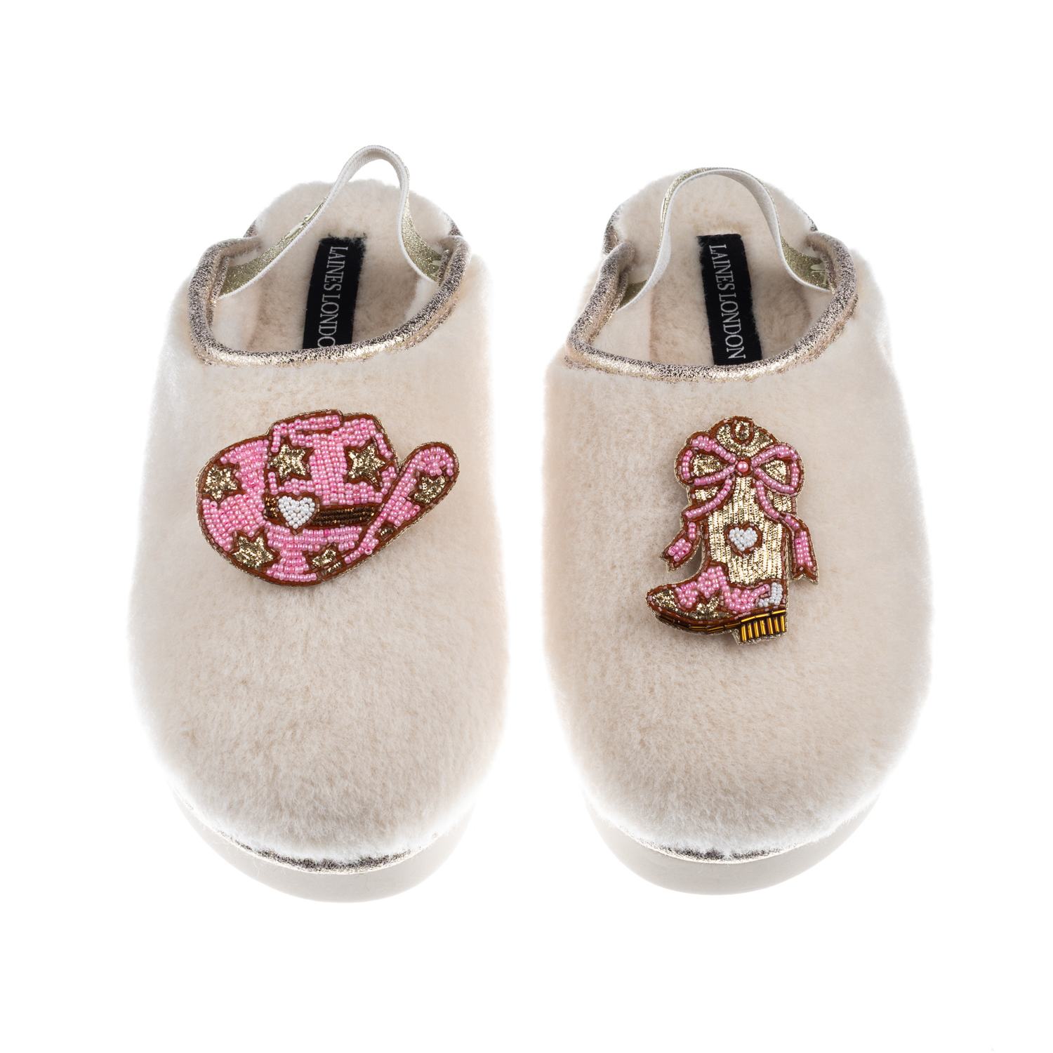 Laines London Women's Gold / Neutrals / White Flatform Cloud Slippers With Cowgirl Hat & Cowgirl Boots Brooches -  In Multi