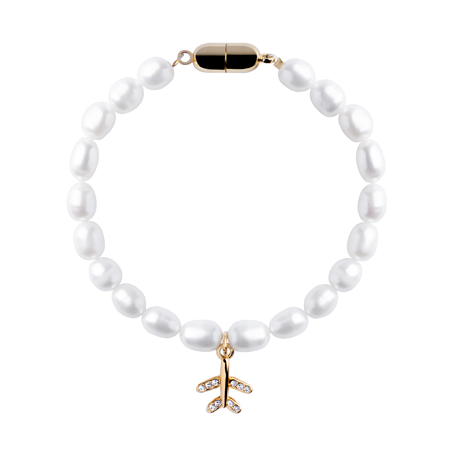 My Little Nature Women's White / Gold Handmade Cultured Freshwater Pearls Bracelet With Plane Charm And Magnetic Clas In Multi