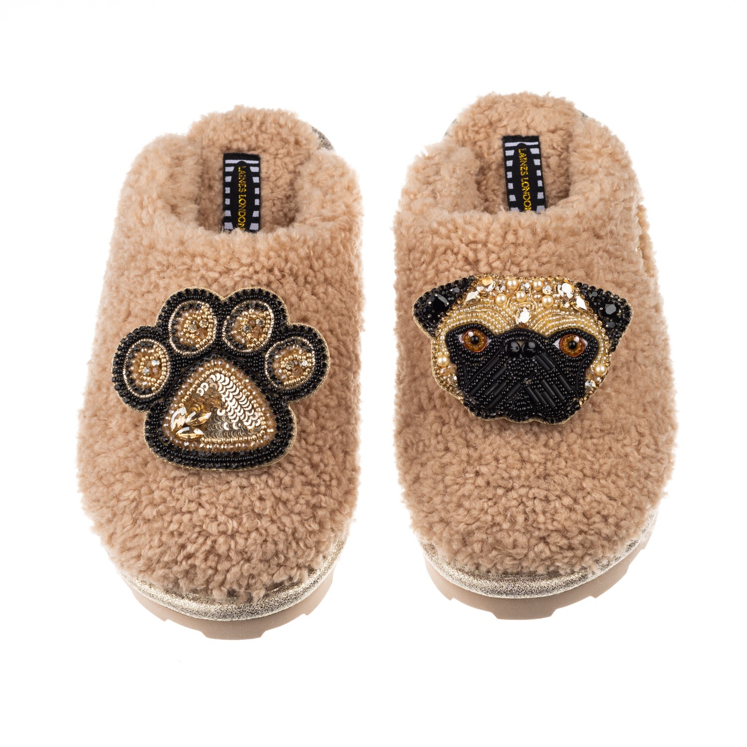 Laines London Women's Brown Teddy Towelling Closed Toe Slippers With Franki & Paw Brooch - Toffee In Brown
