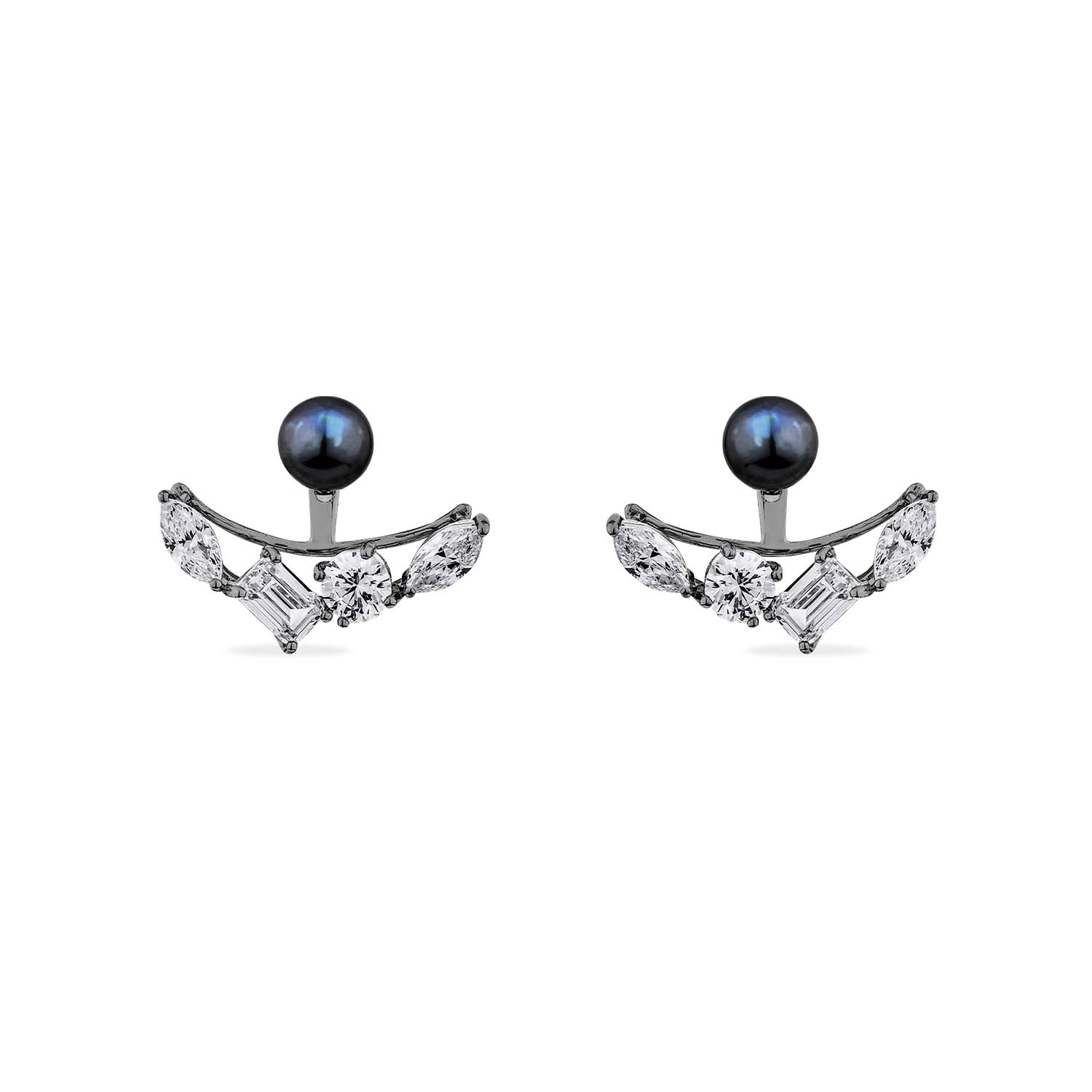 Sally Skoufis Women's White / Black Reflection Ear Jacket With Natural Black Pearl & Man Made Cz Diamond Stimulant