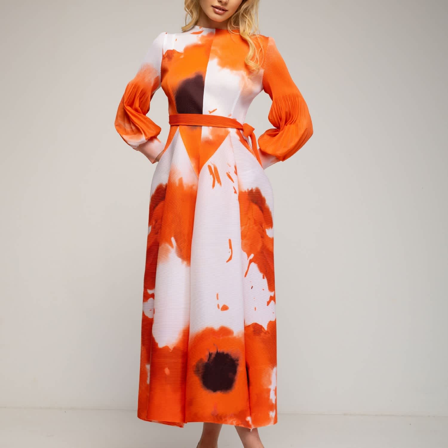 Women's Long Sleeve Midi Dress - Printed V Neck Tunic Dress | Flowy Casual Swing Dress For Spring & Fall