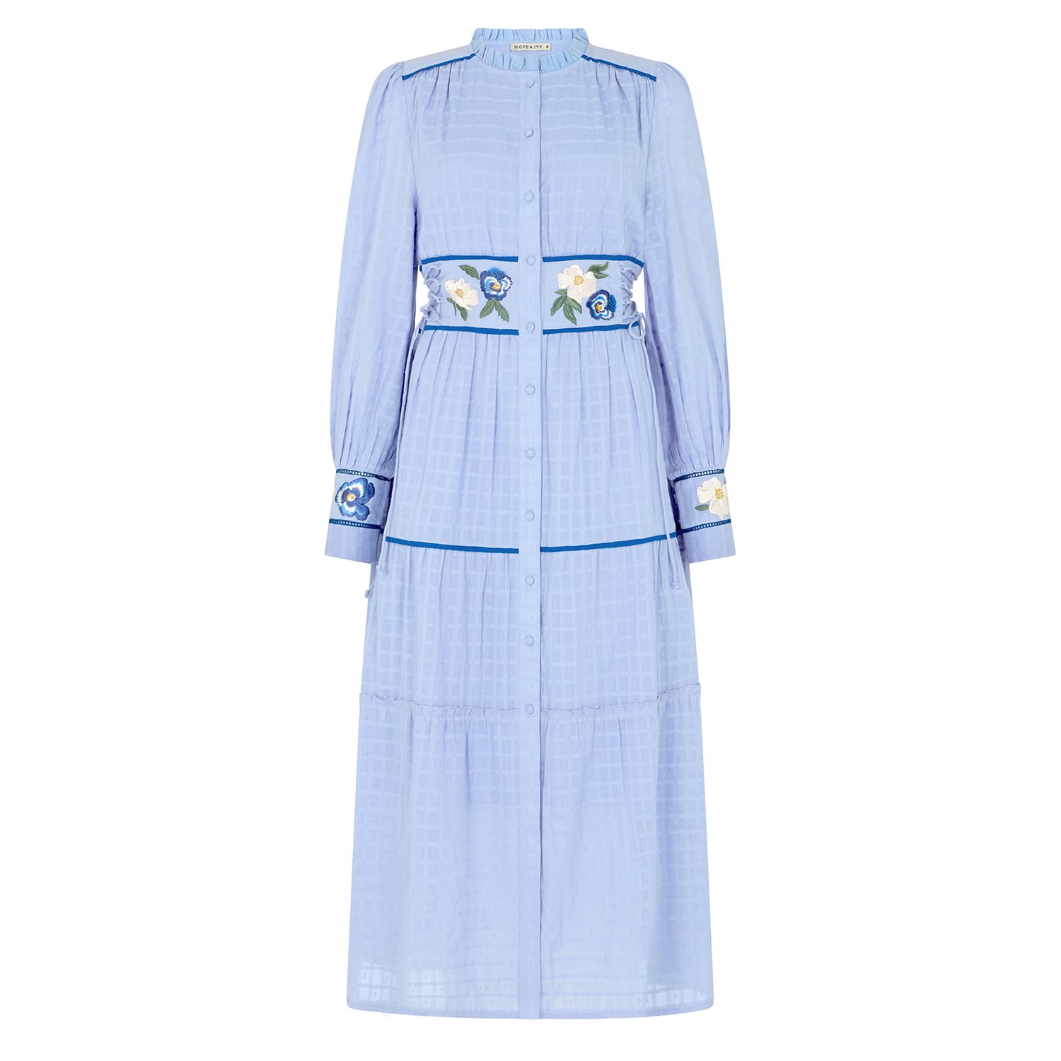 Hope & Ivy Women's Blue The Melissa High Neck Front Button Embroidered Midi Dress