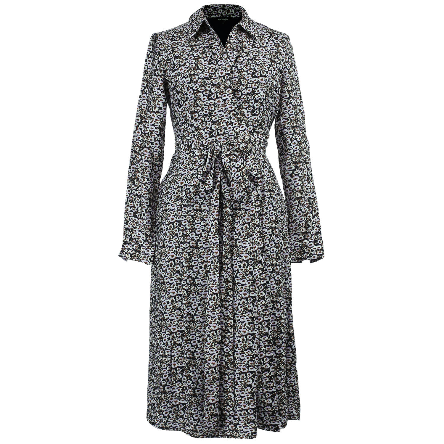 Smart And Joy Women's Purple / Blue Italian Collar Wrap Belt Printed Dress - Navy And Purple In Black