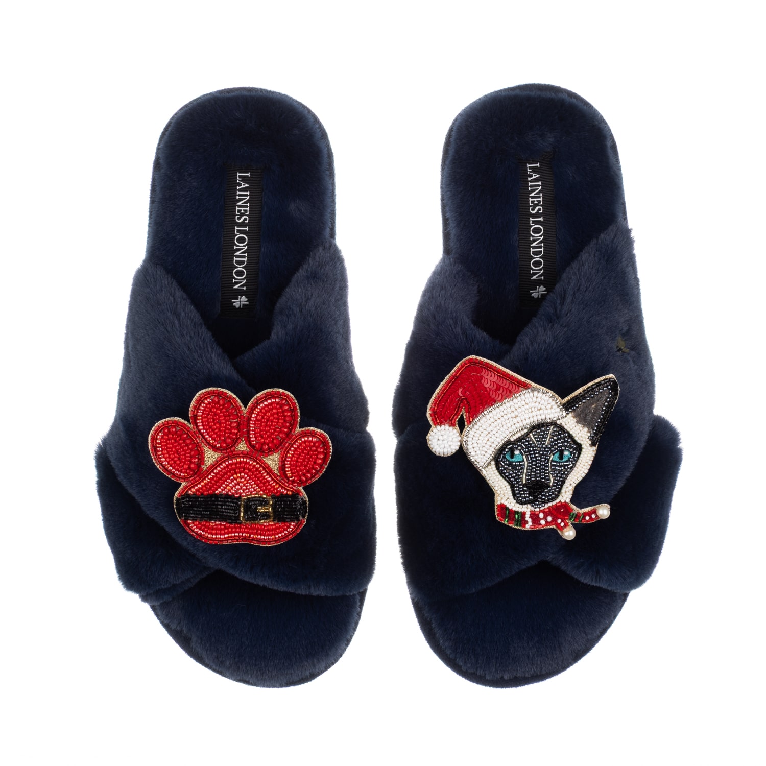 Laines London Women's Blue Classic Slippers With Christmas Black & White Siamese Cat & Paw Brooches - Navy In Blue