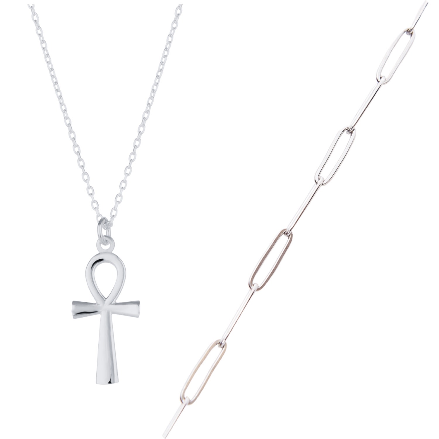 Spero London Women's Sterling Silver Egyptian Ankh & Large Rectangular Chain Necklace - Silver In Metallic