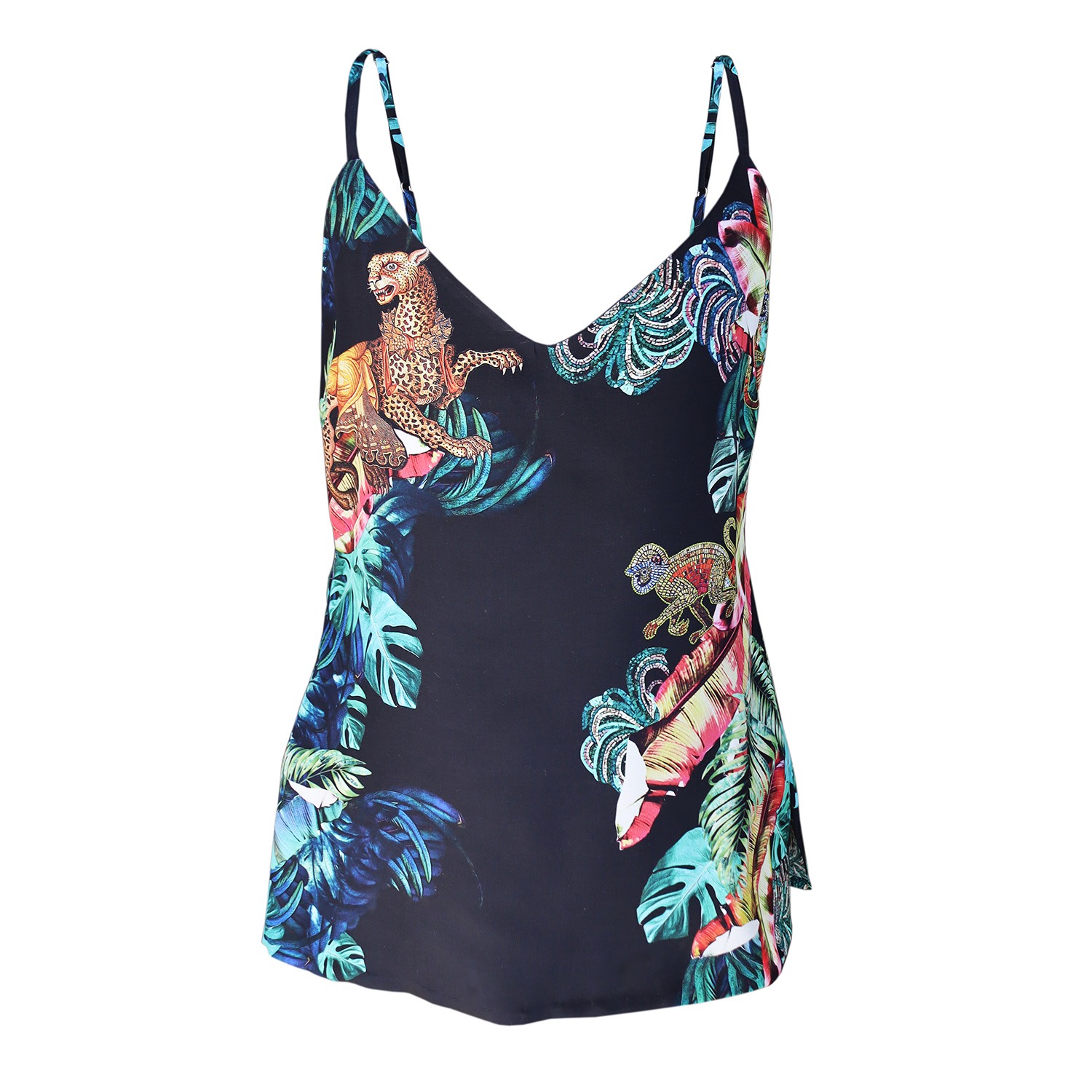 Cassandra Hone Women's Black Silk Camisole - Jungle Print In Black