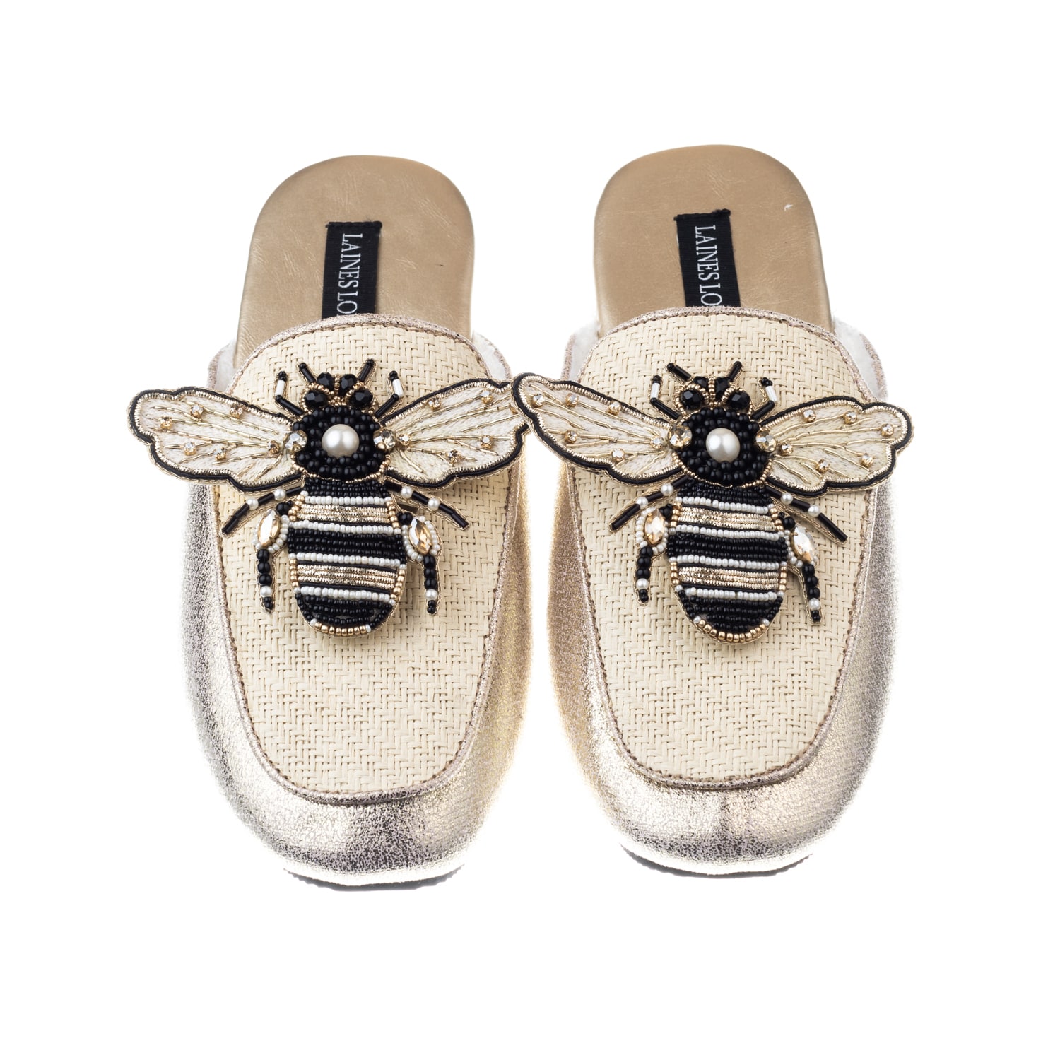 Women’s Gold / Neutrals Classic Mules With Double Cream Bee Brooches - Cream & Gold Medium Laines London