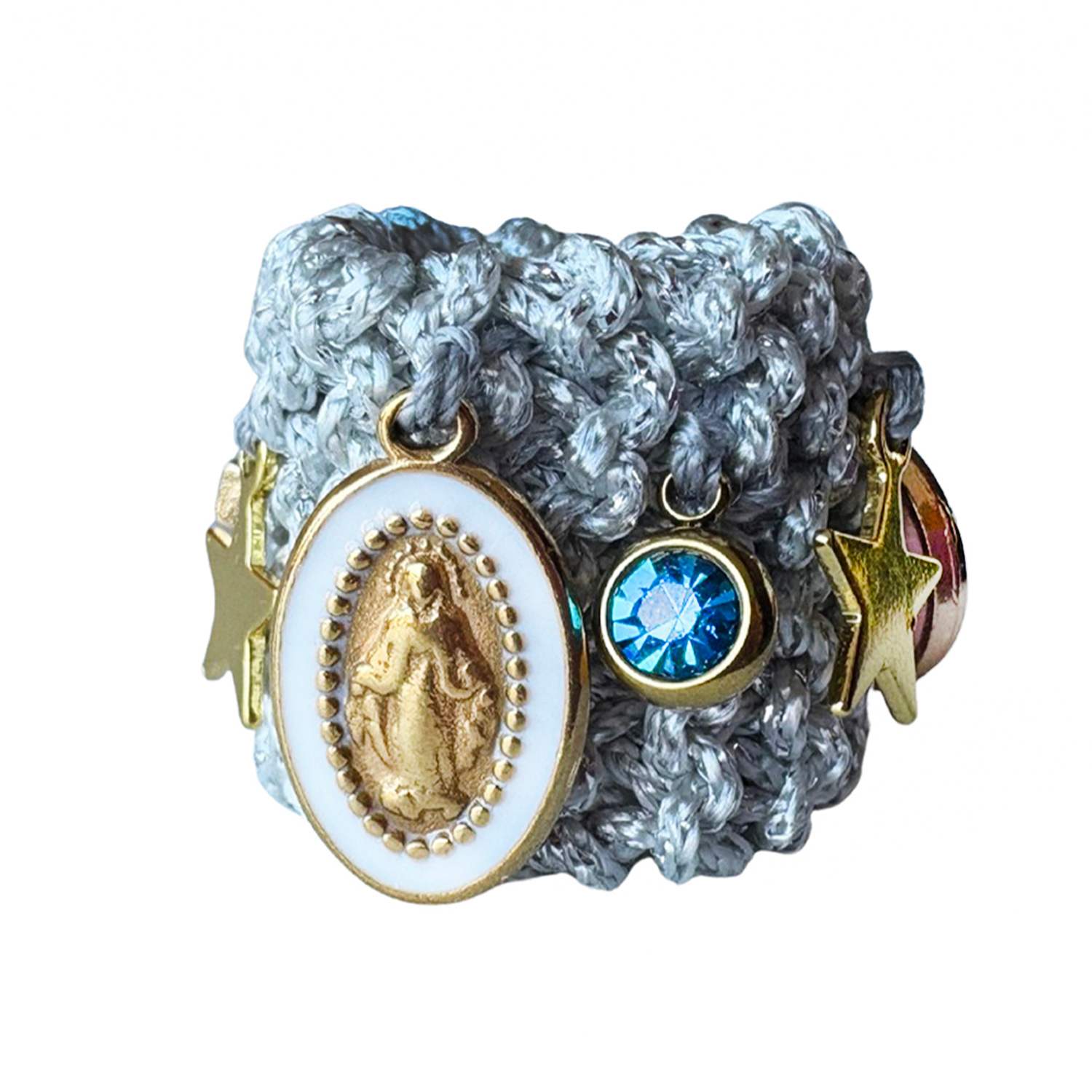 Hilo De Mar Women's Silver Ring Handknitted With Charms - Elastic