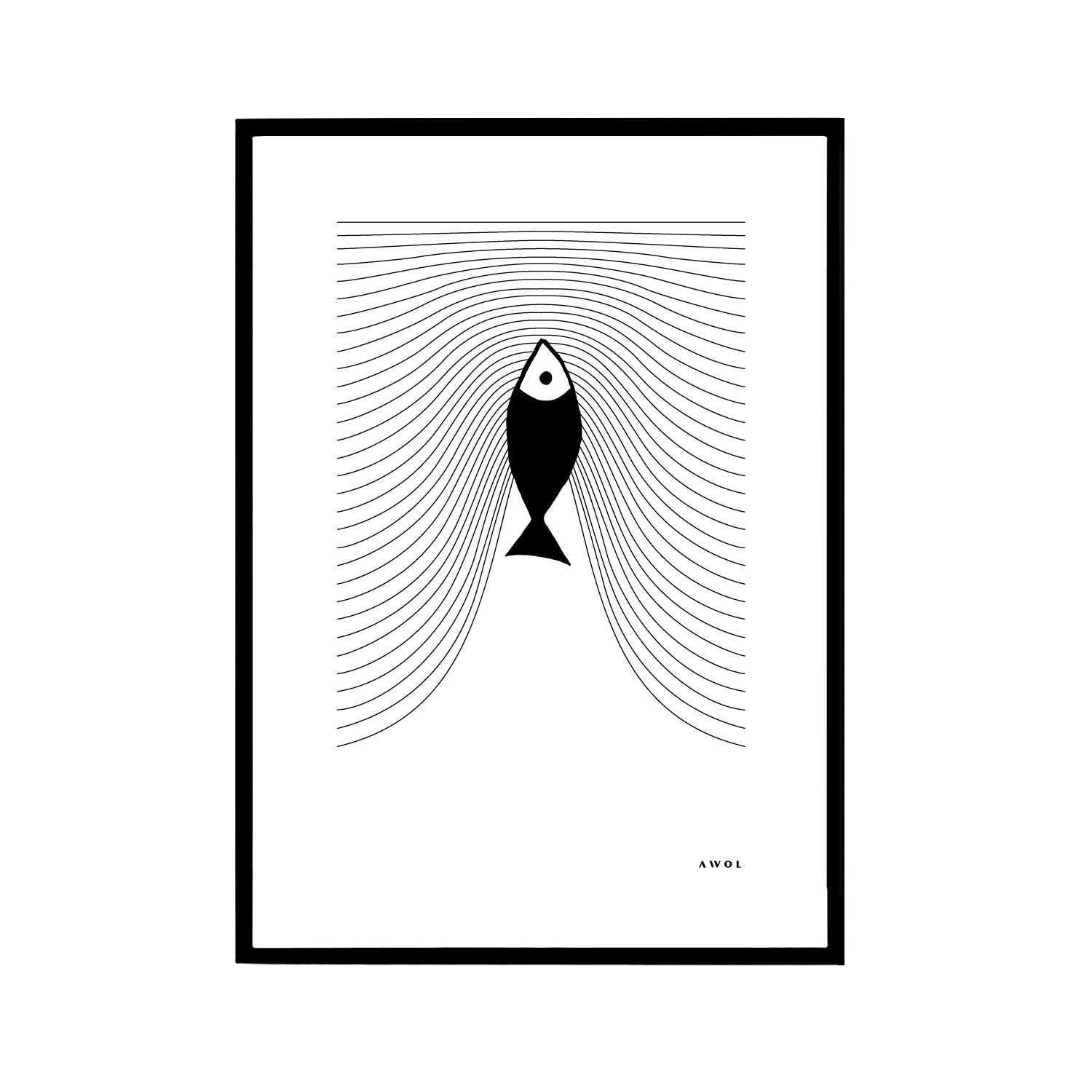 Black / White Plenty Of Fish In The Sea: Graphic Fish Art Print With Minimalist Line Wave Pattern Awol
