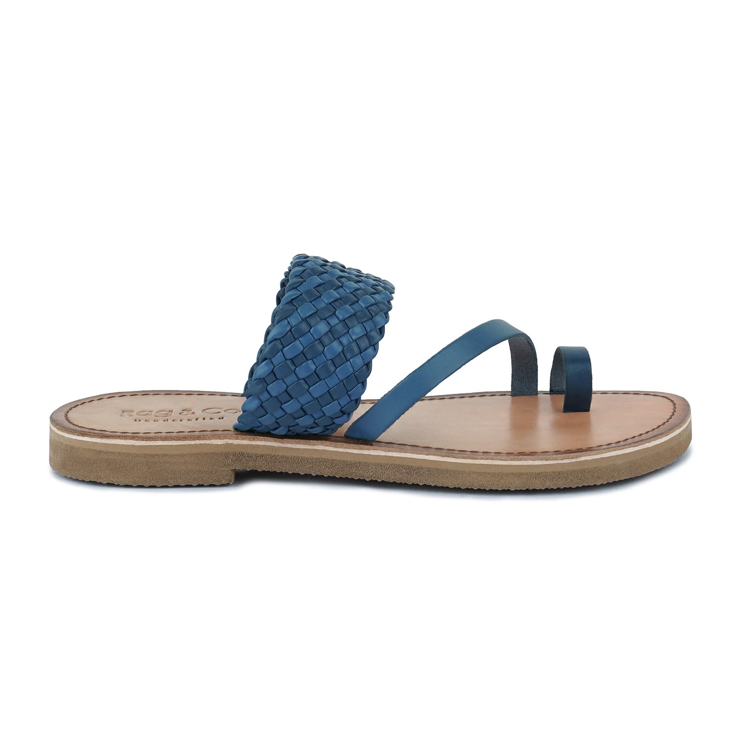 Rag & Co Isidora Blue Braided Leather Flat Sandal In Blue