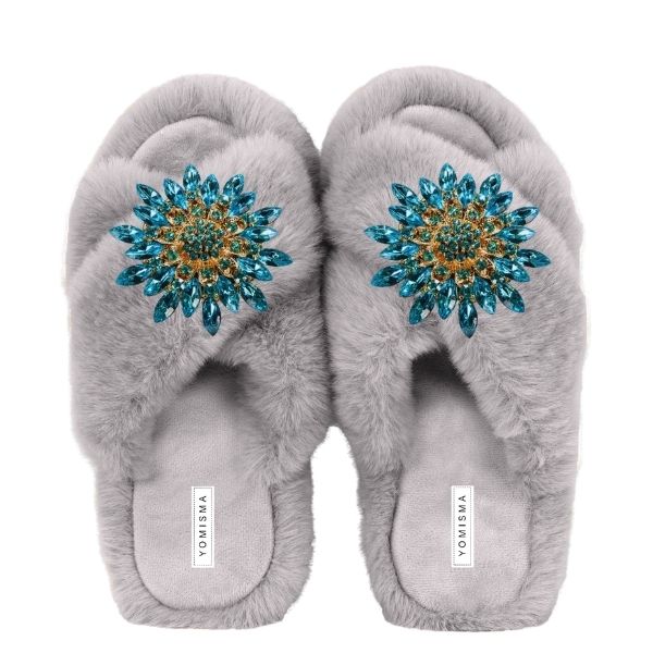 Yomisma Women's Faux Fur Slippers - Global Recycled Standard Certified With Turquoise Jewel Embellishments - In Grey