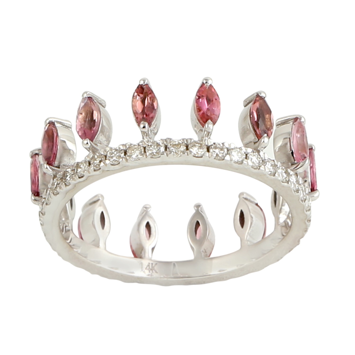 Artisan Women's Pink / White 14k White Gold Marquise Pink Tourmaline And Diamond Crown Ring In Multi
