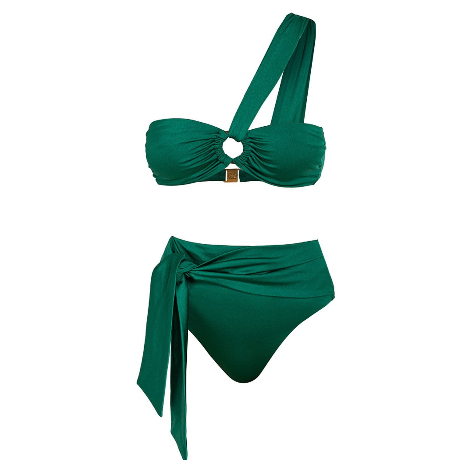 Cliche Reborn Women's Green Patricia One Shoulder Bikini Top And Side Tie High Rise Bottom