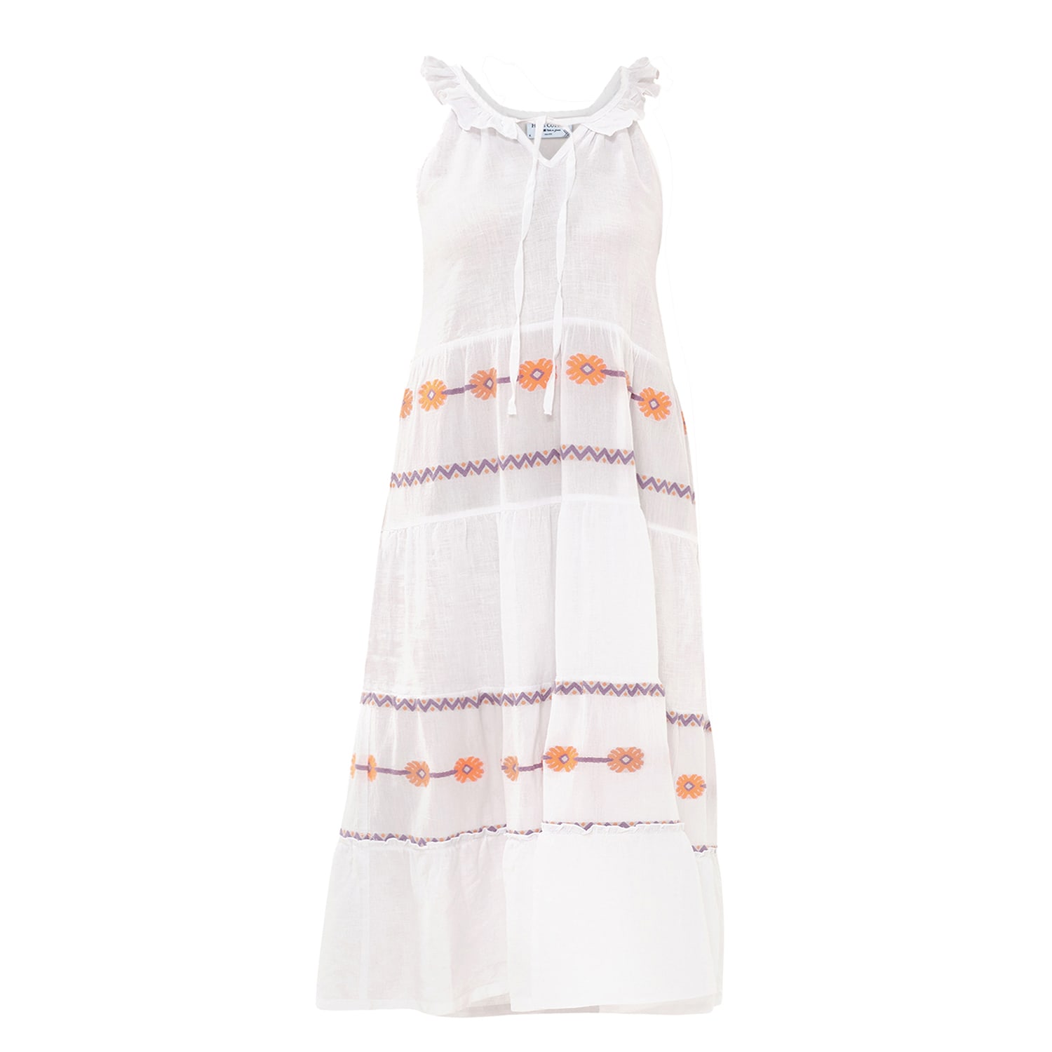 Haris Cotton Women's Smock Linen Dress With Embroidered Cotton Panels - White Orange