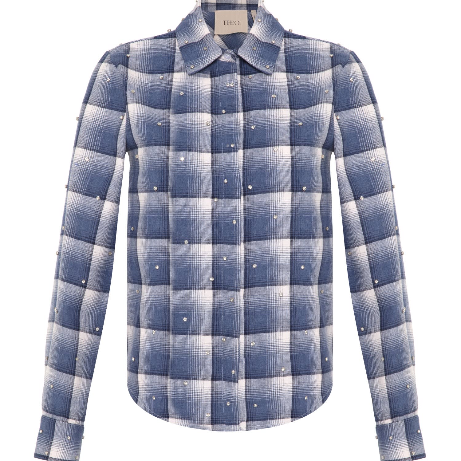 Theo The Label Women's Blue Europa Plaid Flannel Crystal Shirt - Future Dusk / Crystal In Brown