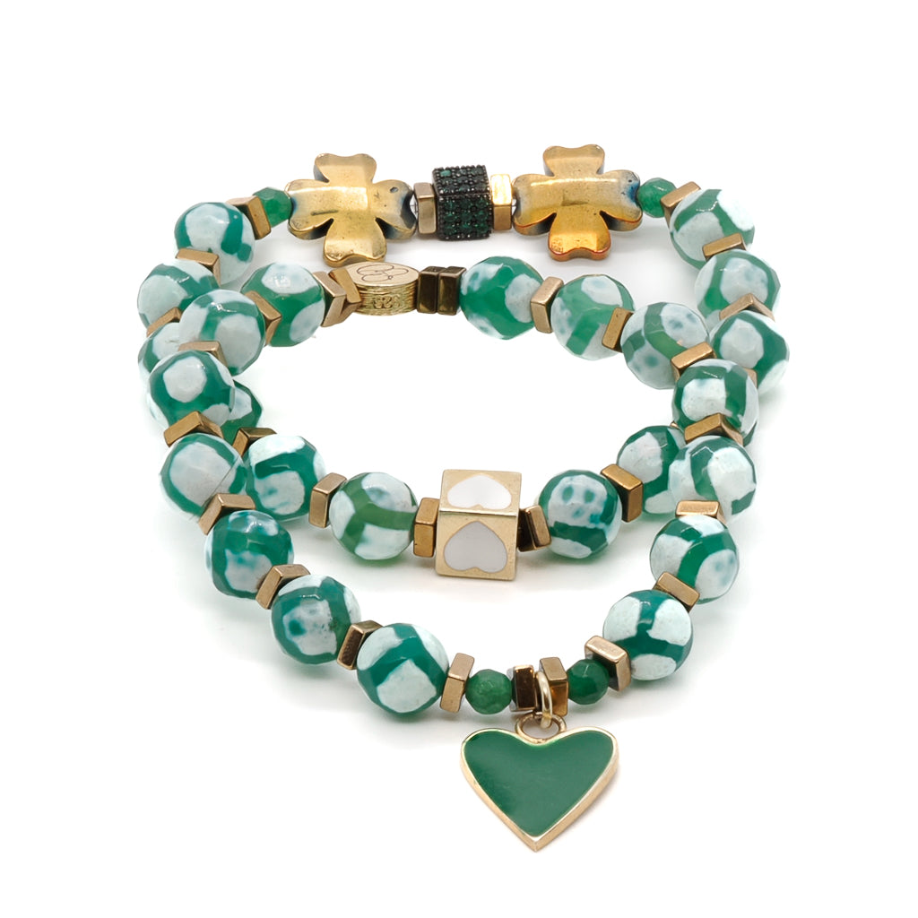 Women’s White / Gold / Green Clover Leaf Green Heart Beaded Bracelet Set - Green Ebru Jewelry