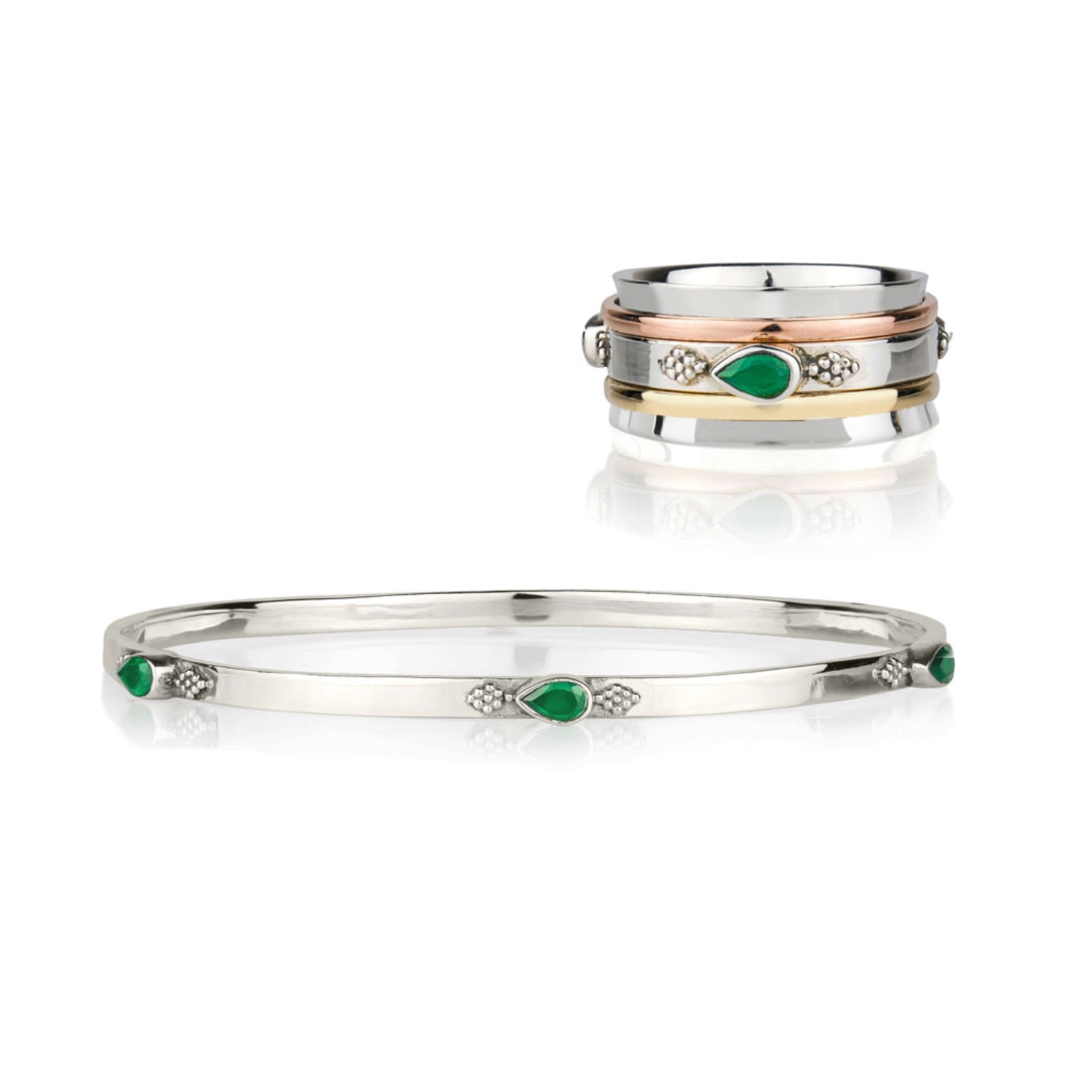 Women’s Amara Bliss Silver Spinning Ring & Bangle Gift Set - Green Onyx Charlotte’s Web Jewellery
