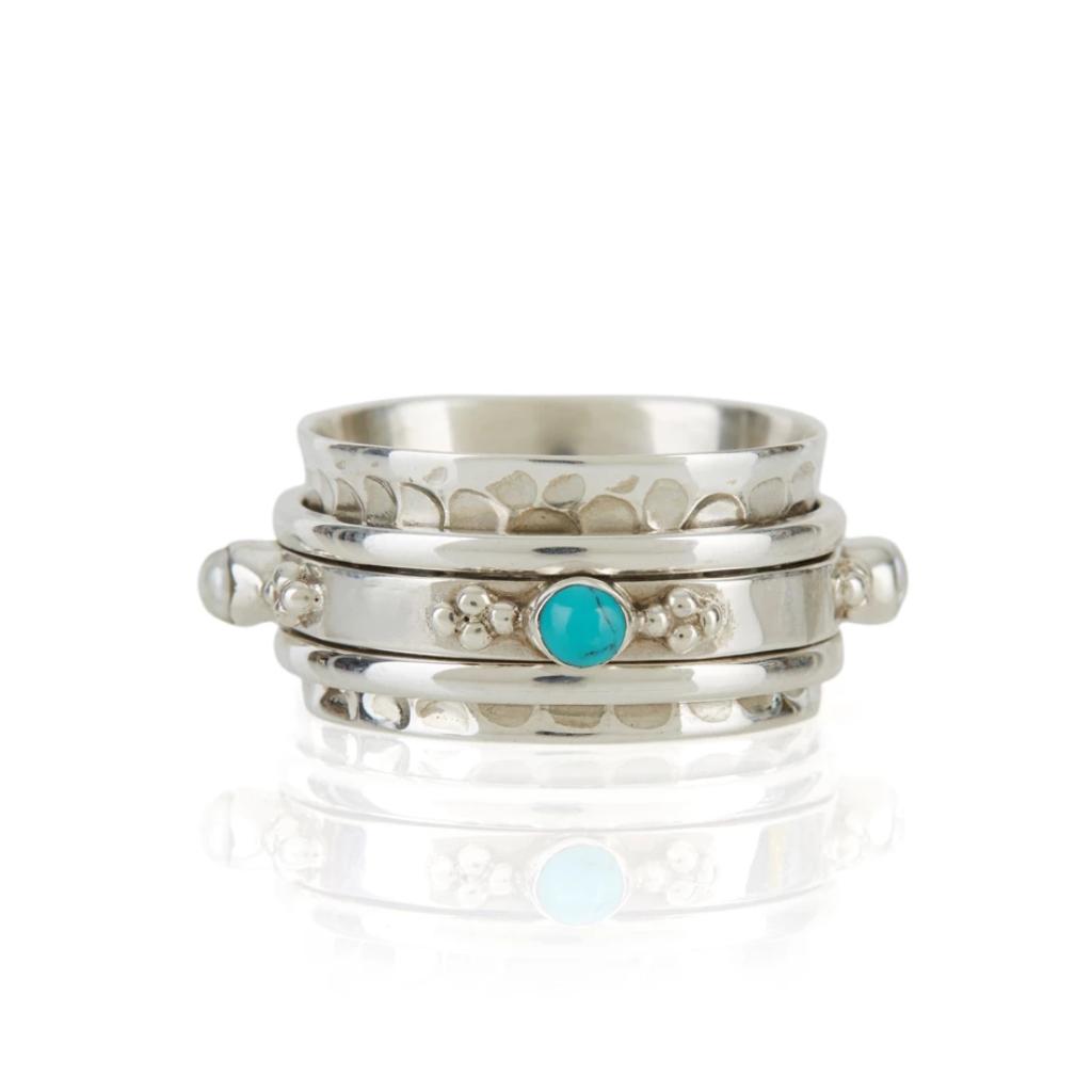 Charlotte's Web Jewellery Women's Rajput Serenity Silver Spinning Ring - Turquoise & Pearl In Silver