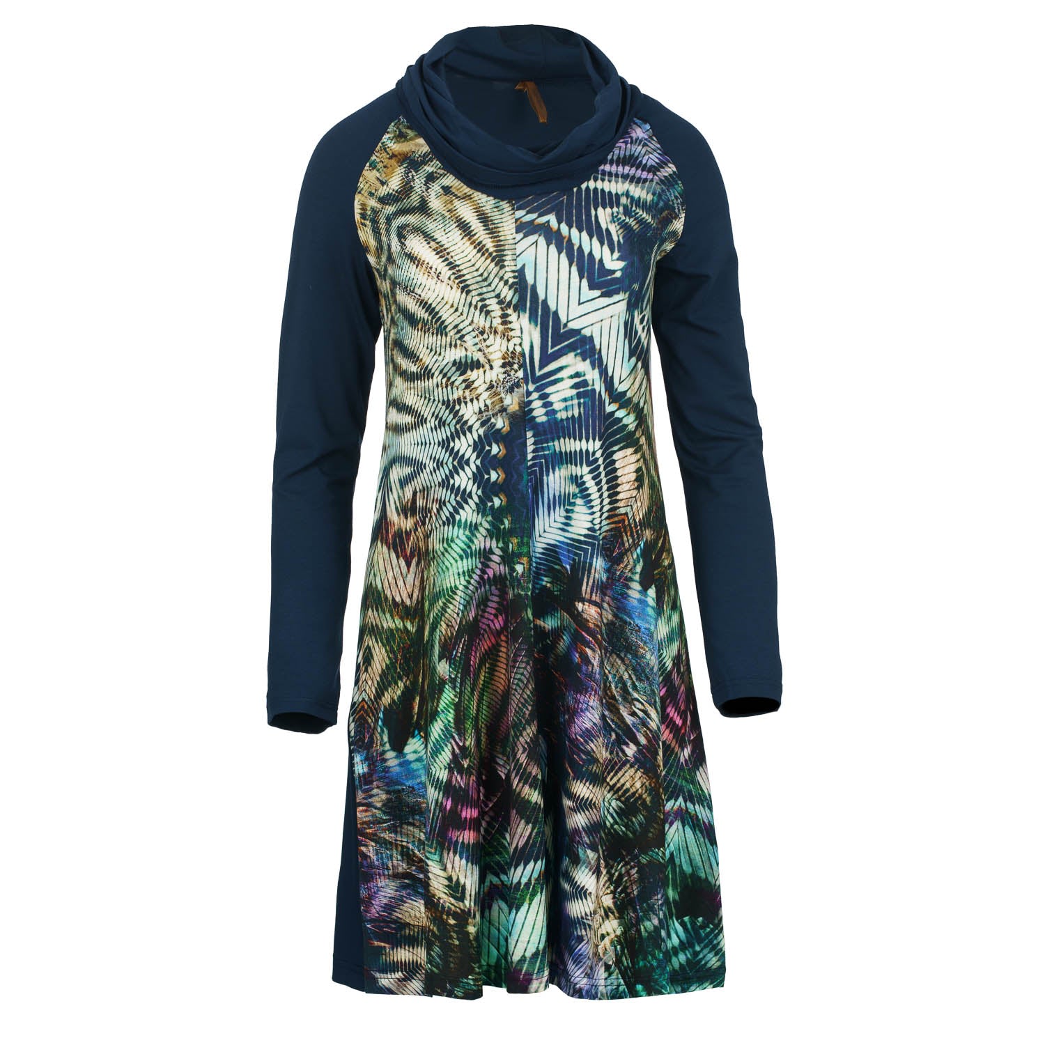 Women’s Blue A Line Turtle Neck Dress In Print & Solid Colour Stretch Jersey Fabric Medium Conquista