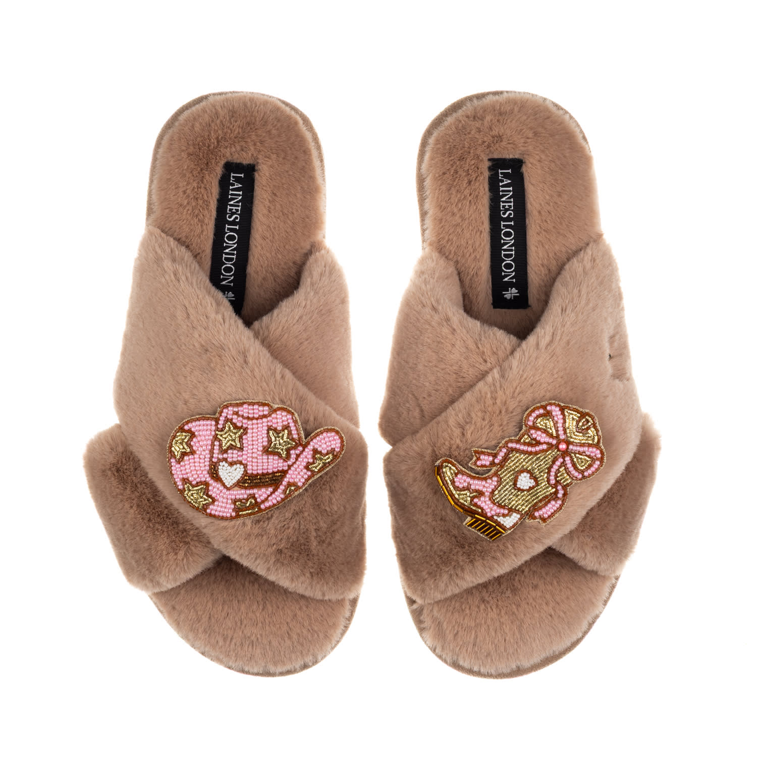Laines London Women's Brown / Neutrals Classic Laines Slippers With Cowgirl Hat & Cowgirl Boots Brooches - Toffee In Brown